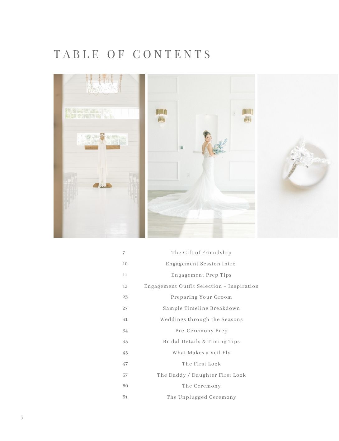 Elegant wedding photography client guide table of contents with soft floral images of bride and ceremony details.