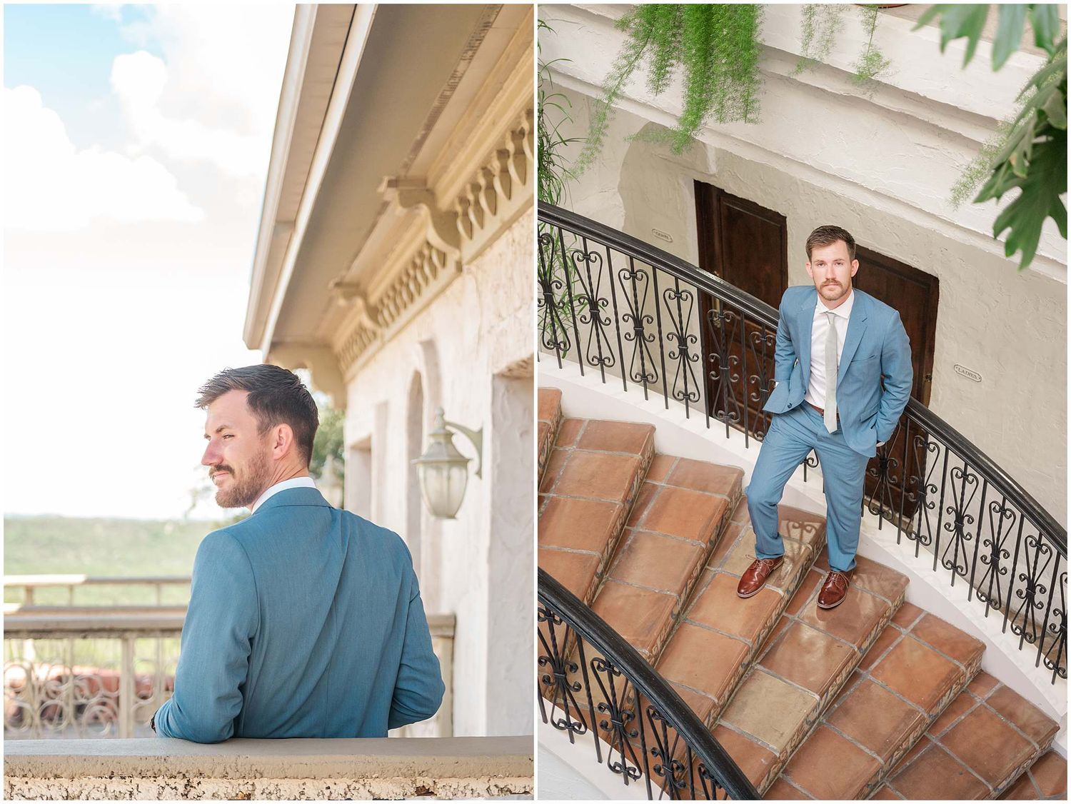 Multiple views of someone in a blue suit posing on a balcony with ornate railings.