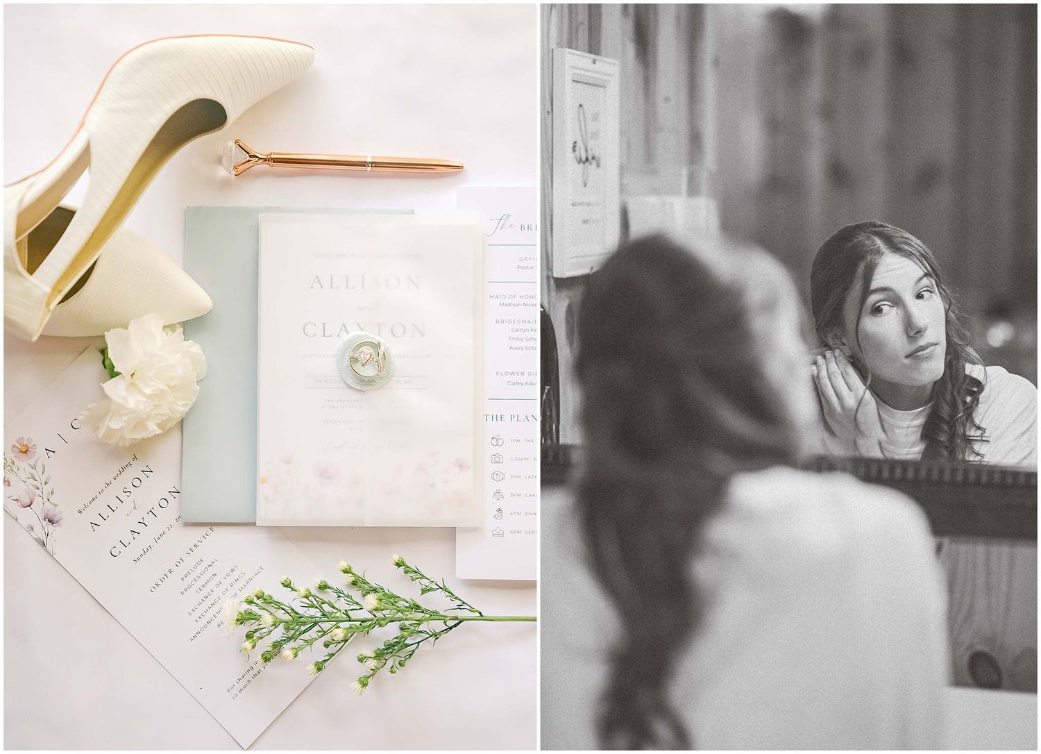 Wedding stationery and invitation details with greenery on white background.