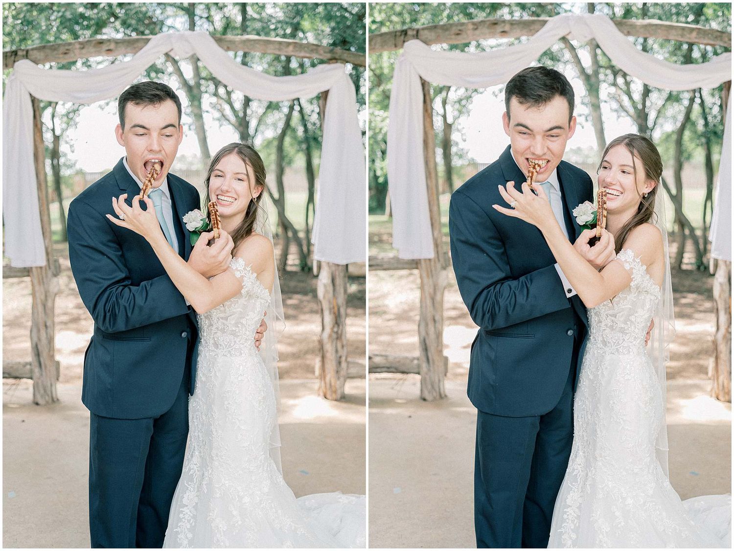 A couple in wedding attire shares joyful moments together in a sun-dappled outdoor setting with palm trees.