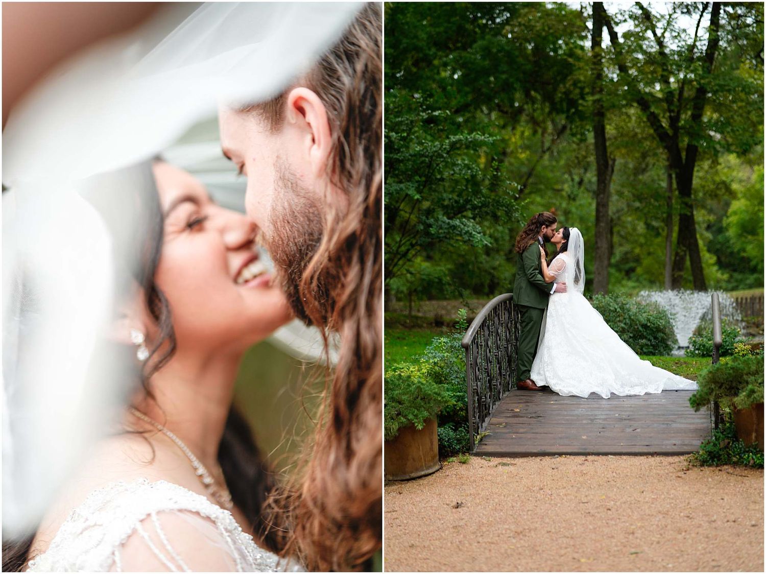 Bride and groom sharing a romantic almost-kiss under a veil, then posing on a wooden bridge surrounded by lush greenery.