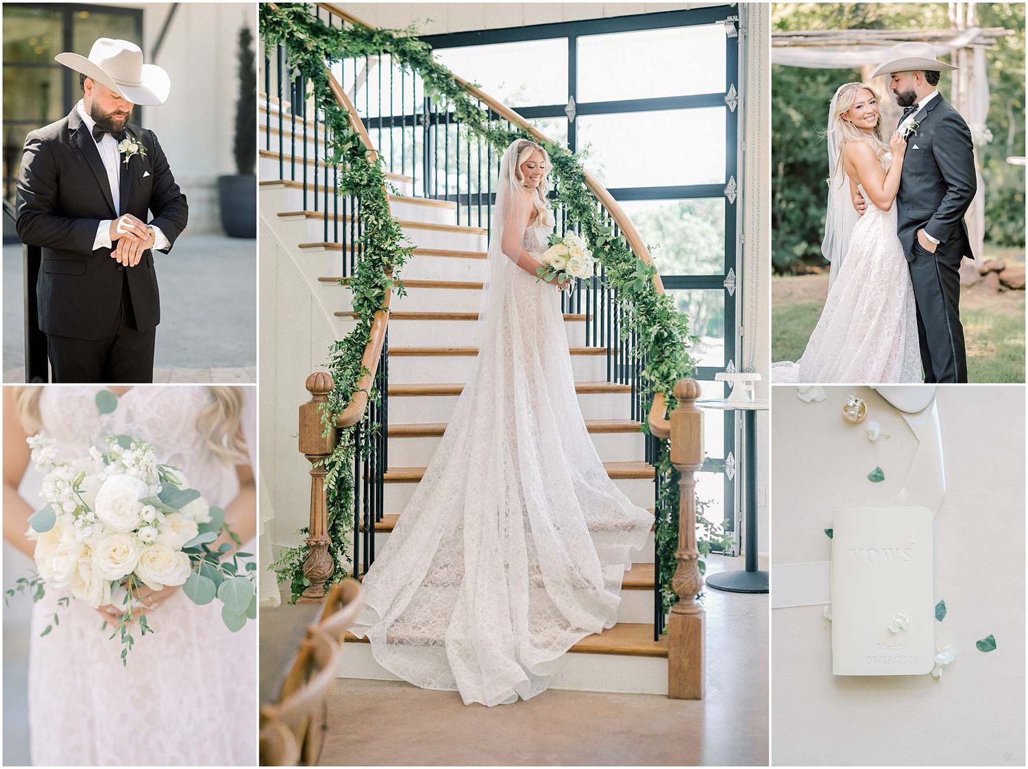 Elegant wedding collage featuring bride in lace gown on garland staircase, groom in tuxedo, and white floral bouquet.