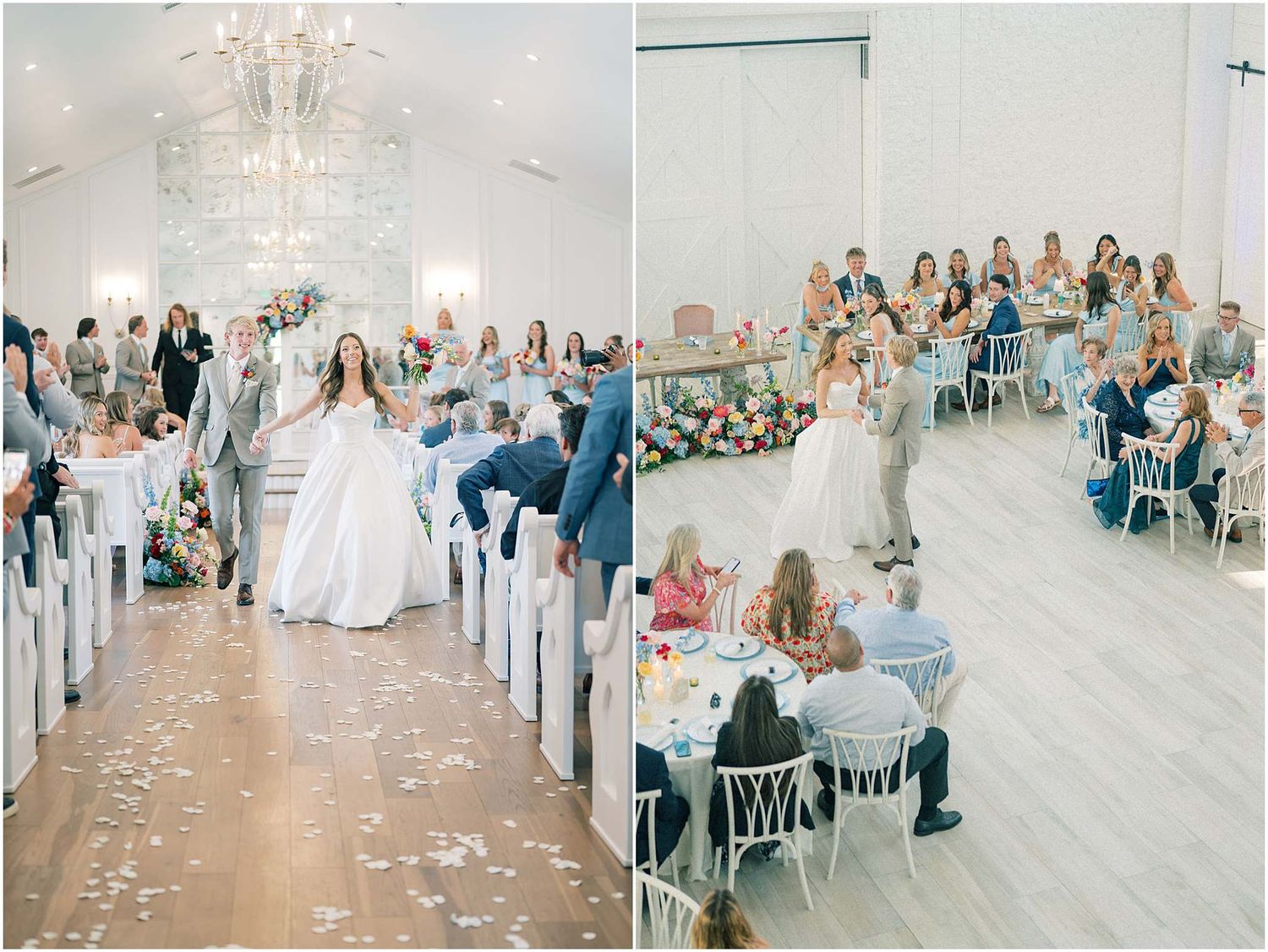 Bride walks down aisle as guests cheer, split with reception first dance in elegant white venue with chandelier.