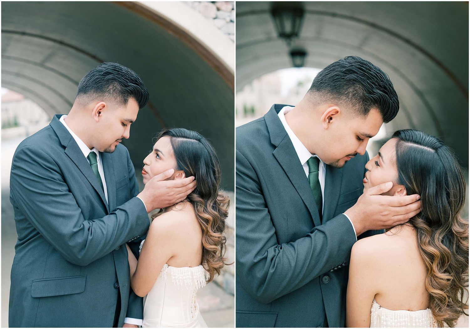 Romantic couple shares tender kisses in a series of elegant wedding photos against a neutral backdrop.
