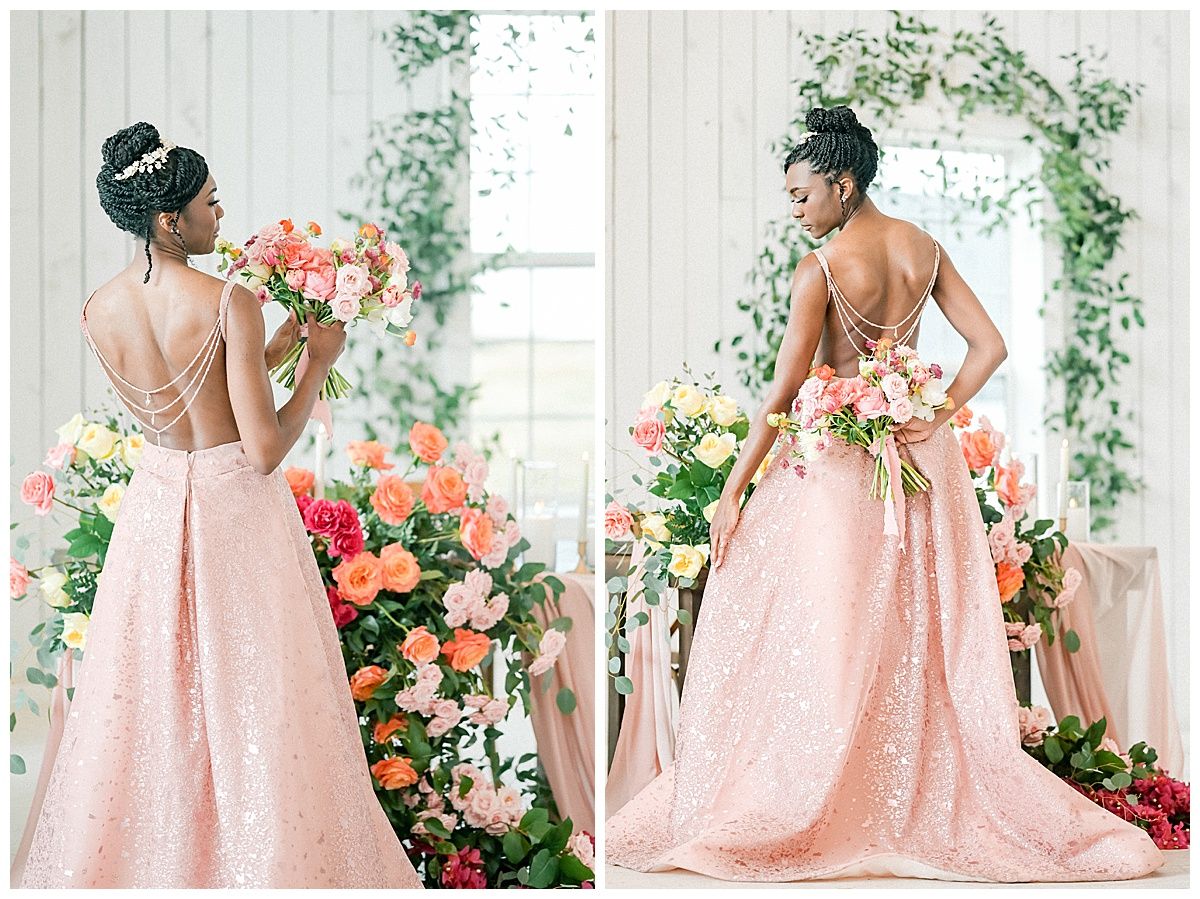 A series of romantic bridal portraits showing a pink ballgown against floral arrangements and greenery in a light-filled studio.