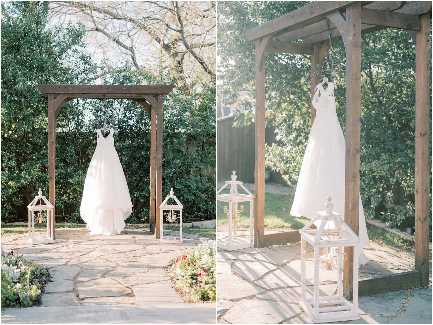 Wedding dresses displayed under wooden pergolas in an outdoor garden setting.