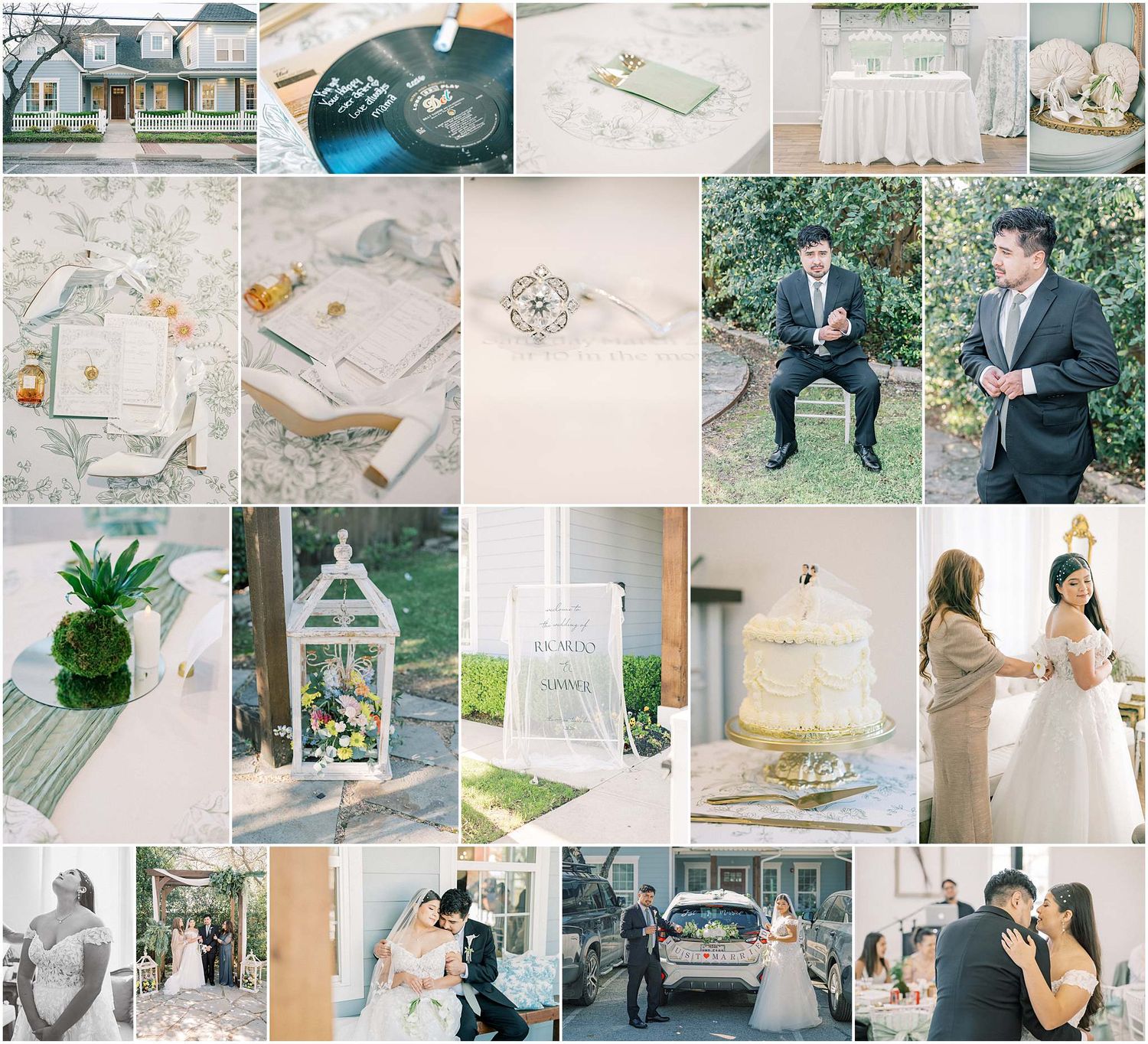 A collage of elegant wedding details including invitations, rings, decor, and candid moments in soft muted tones.