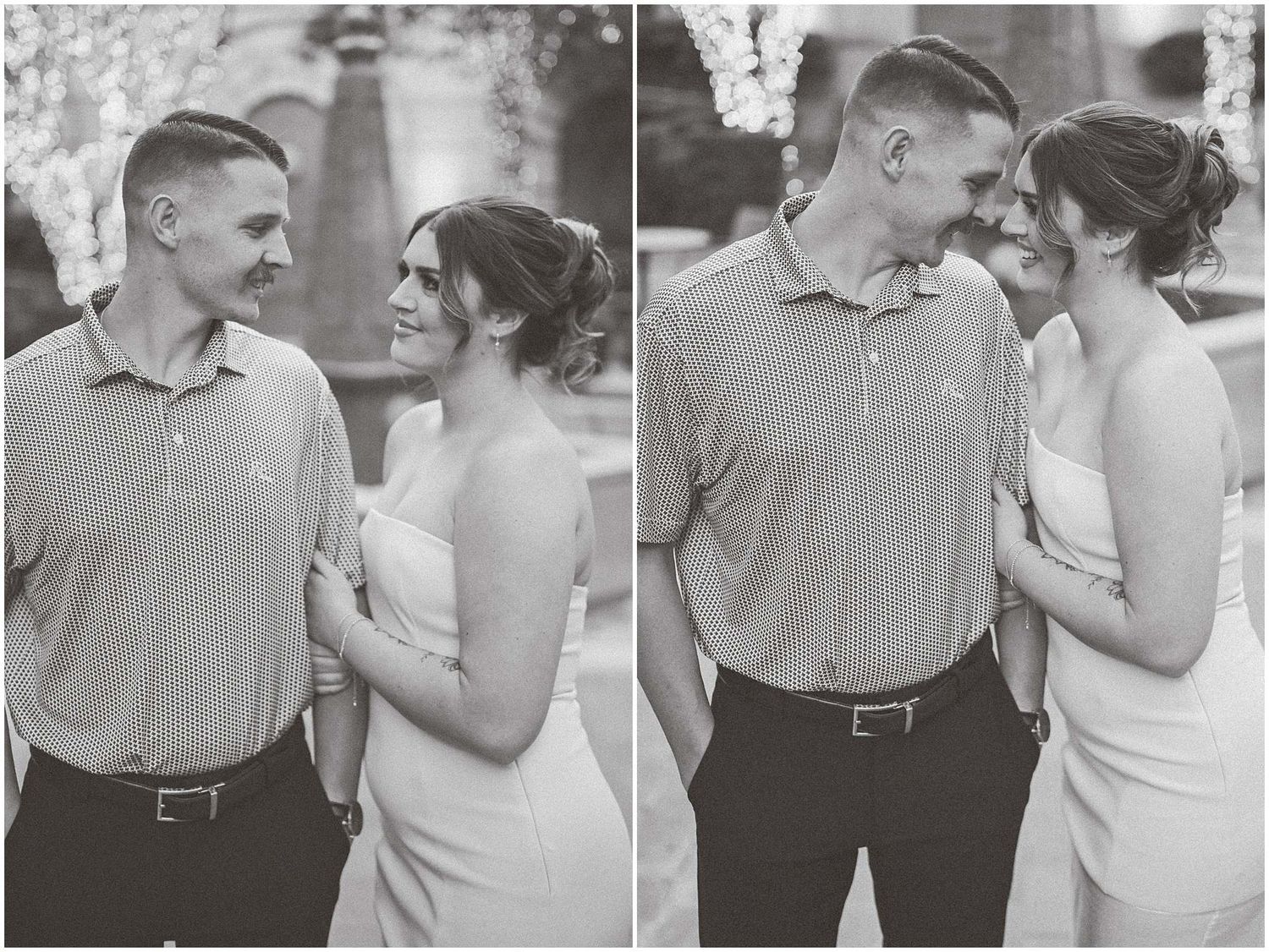 A romantic black and white photo sequence showing a couple in an intimate moment sharing laughter and affection.