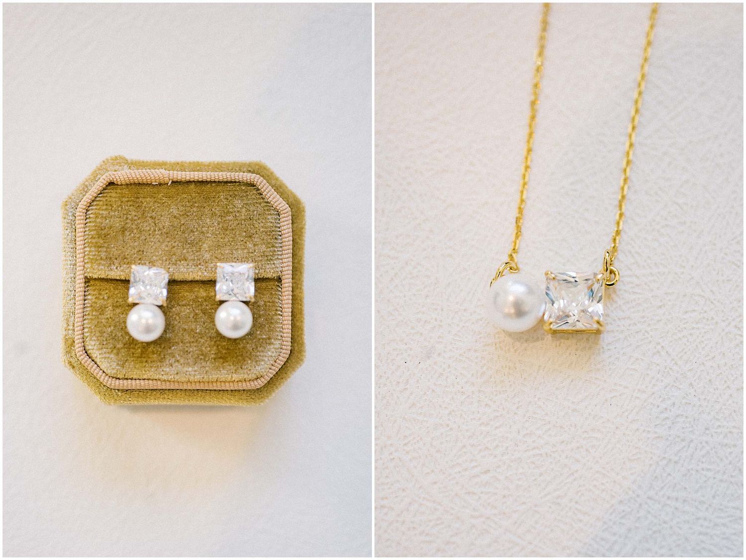 Delicate pearl and diamond jewelry set featuring stud earrings in a gold box and matching necklace on white background.