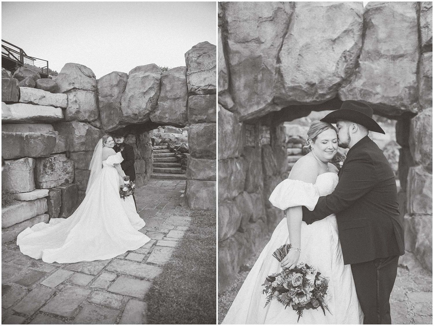 Black and white wedding photos capturing romantic moments against a rustic stone wall backdrop.
