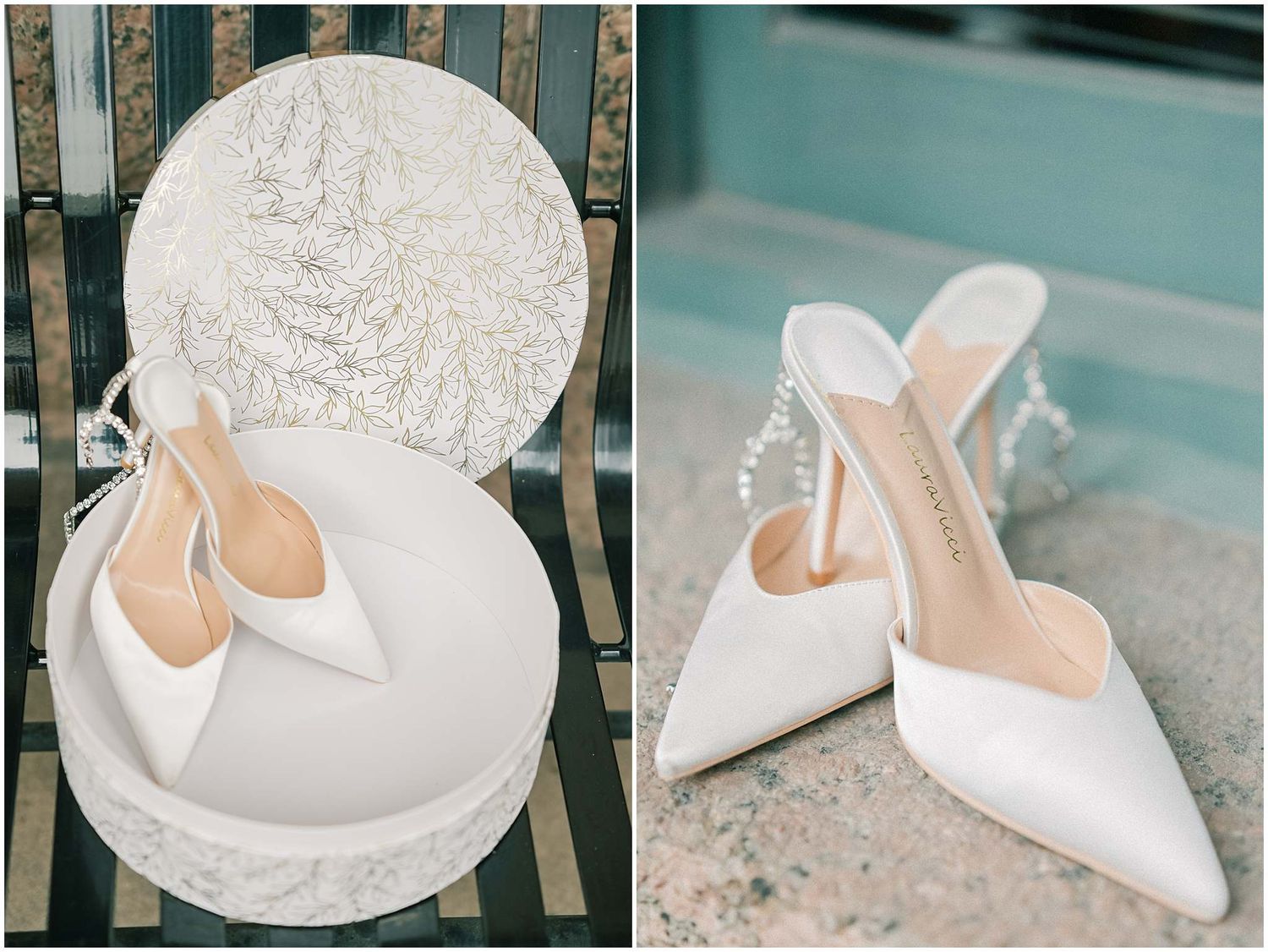 Close-up shots of elegant white bridal shoes with bows against a textured background.