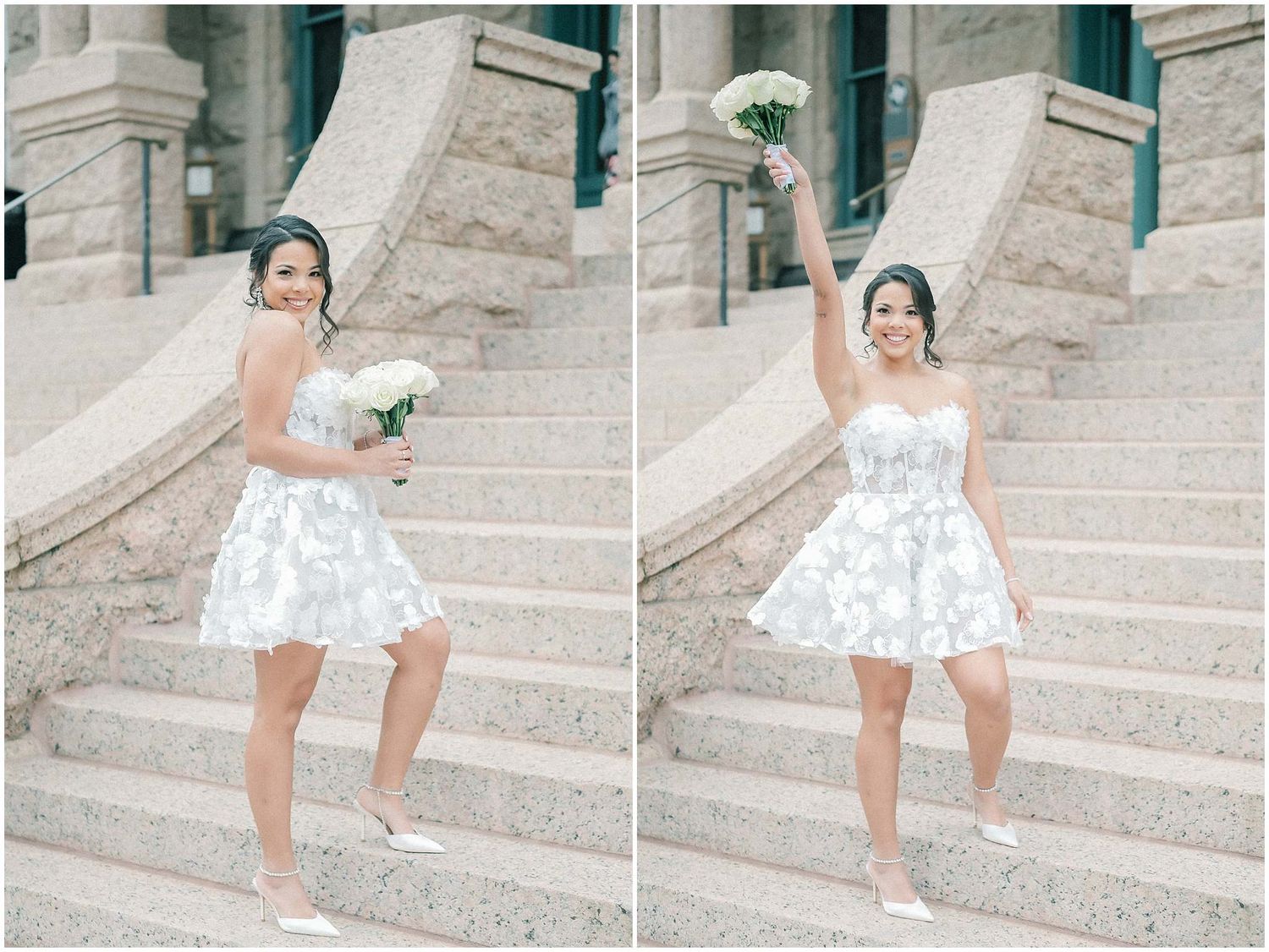 A sequence showing someone in a white dress lifting their leg on stone steps during a photoshoot.