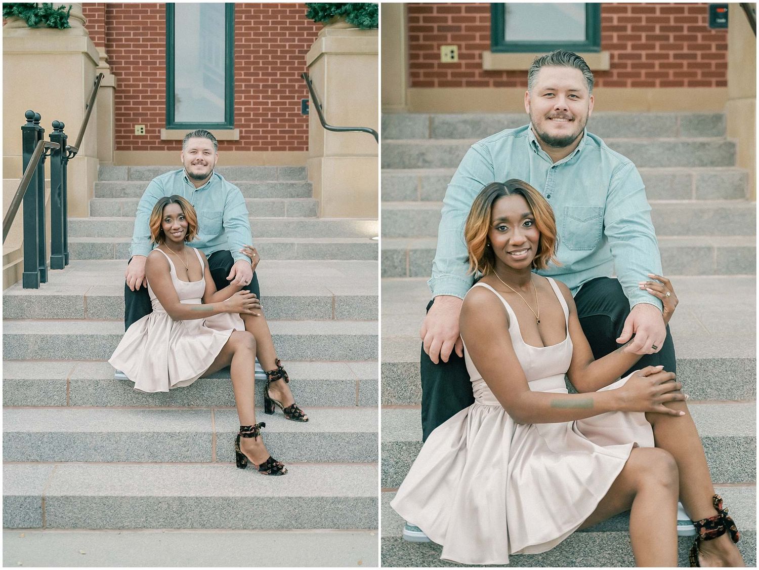 Couple poses together on brick building steps wearing light and turquoise outfits during engagement photoshoot.