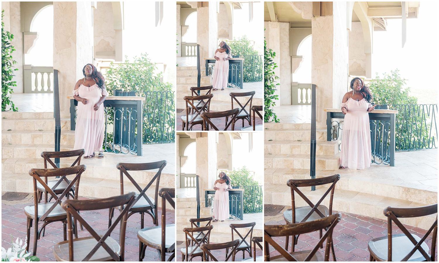 Outdoor wedding venue with white columns and cross-back chairs set up for a ceremony.