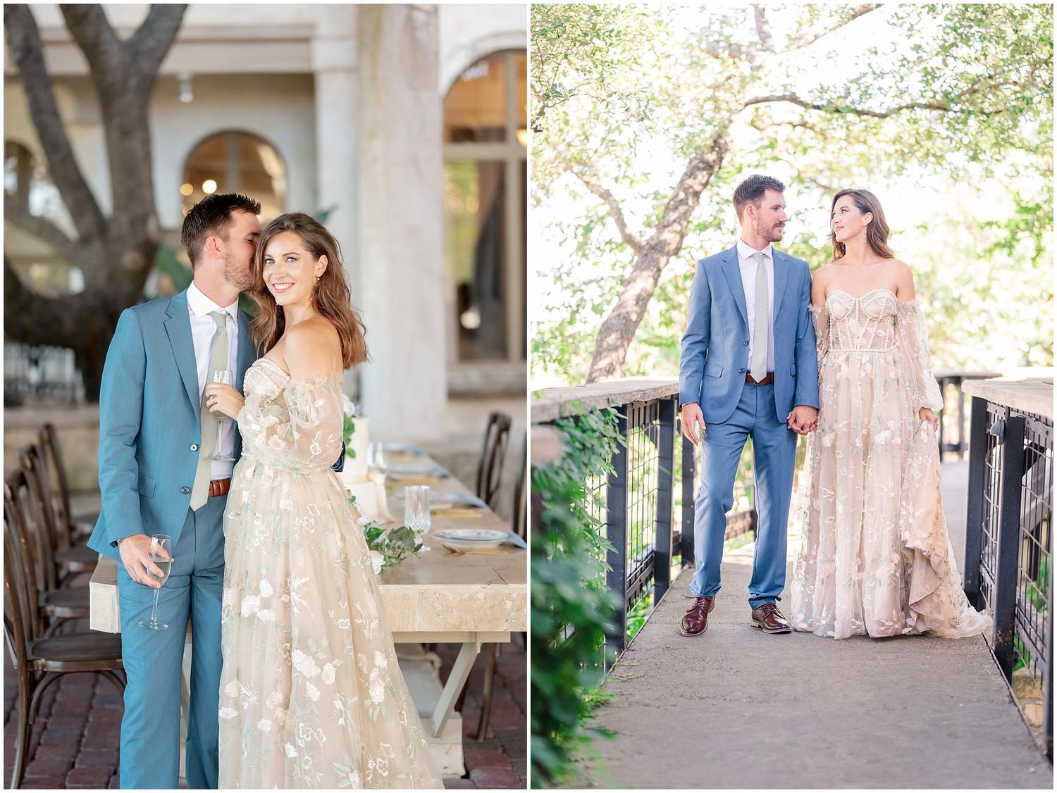 Couple in formal attire walking through a stone archway with natural lighting and elegant architectural details.