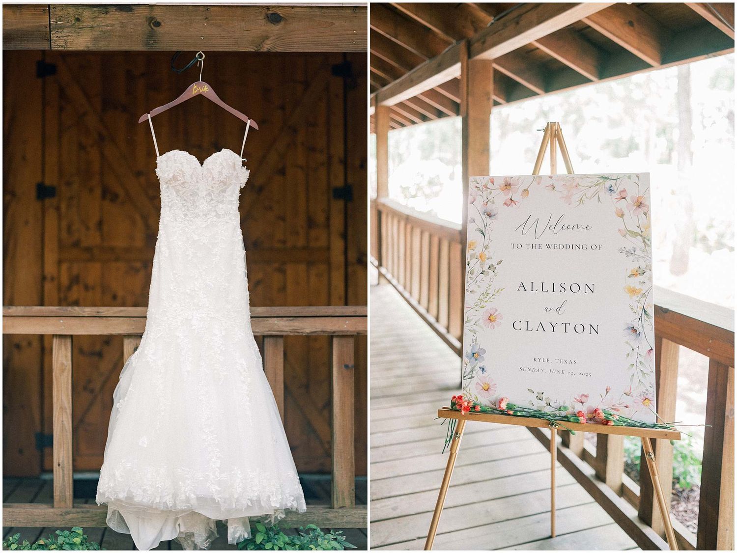 Wedding details including a white lace dress, invitation suite, and wooden decor in a rustic barn setting.