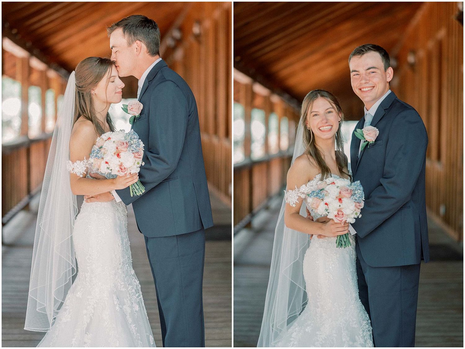 Newlyweds embrace in a covered wooden walkway during their wedding photo session.