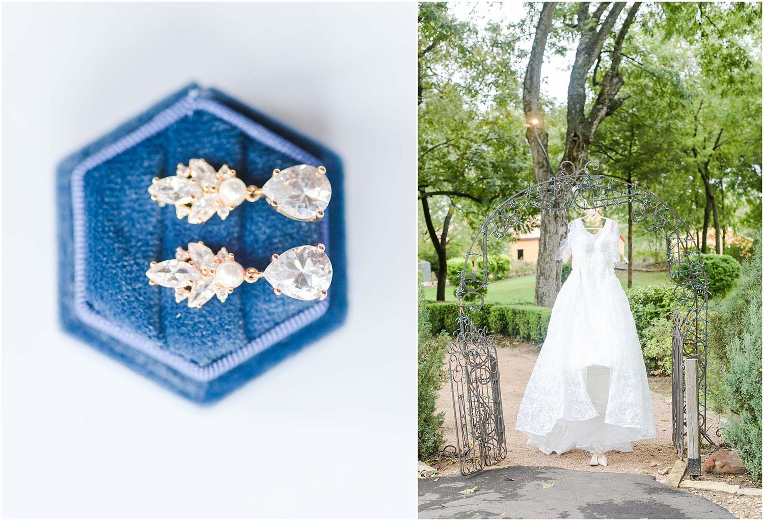 Gold drop earrings with crystal pendants displayed on blue velvet hexagon tray beside white wedding gown hanging outdoors.
