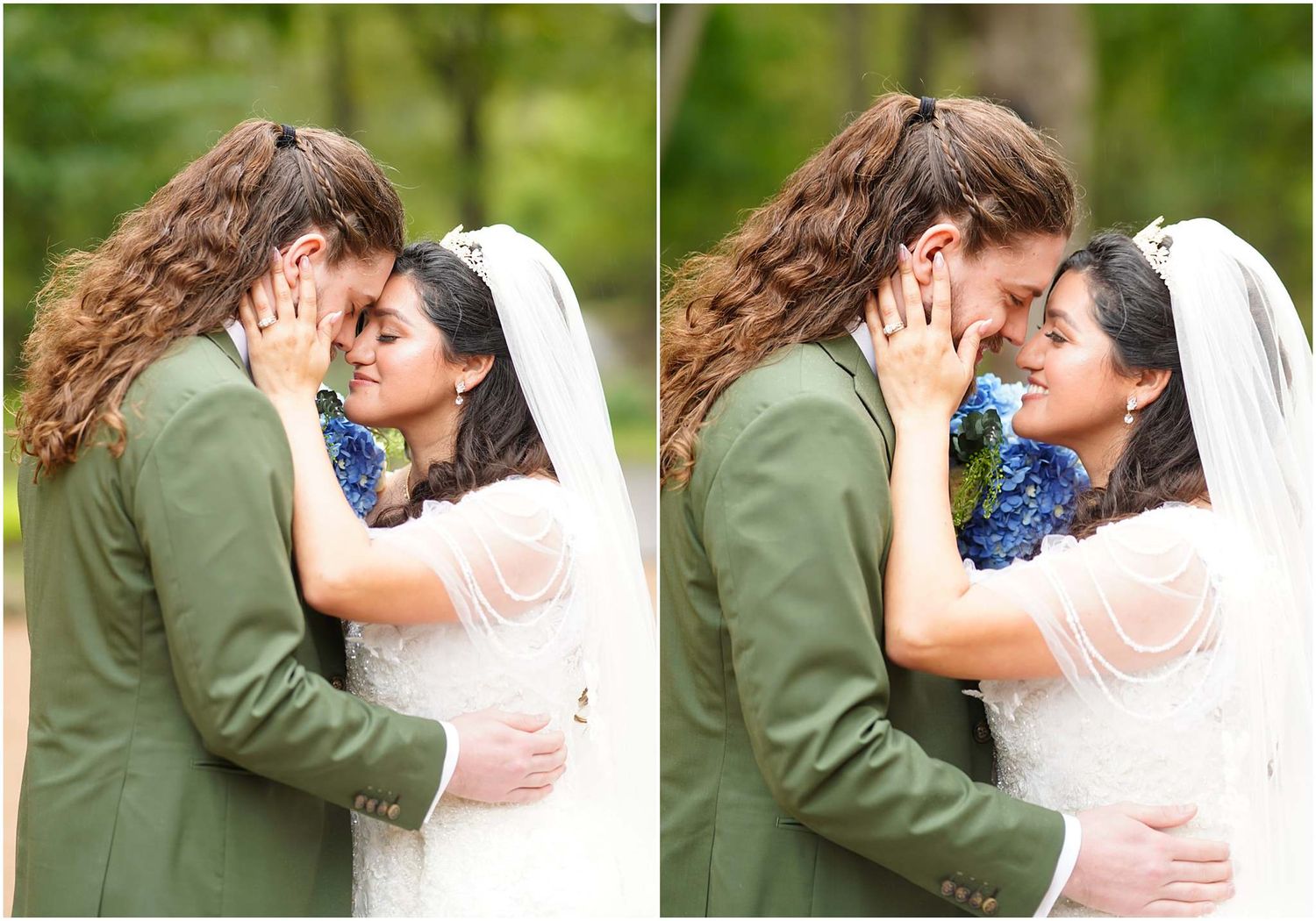 Bride and groom in tender forehead-to-forehead embrace, she in white lace gown with veil, he in green suit, outdoors.