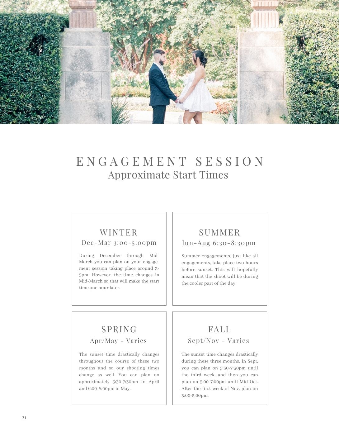 An engagement session timing guide showing approximate start times by season with a couple photo.