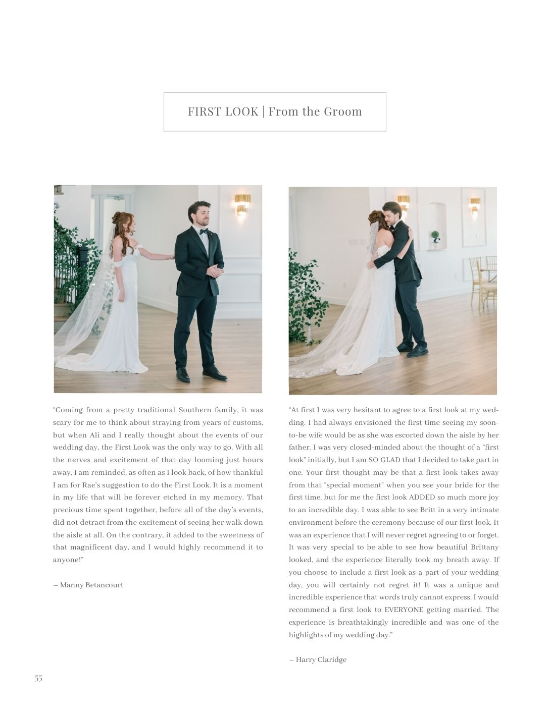 Groom shares a tender first look moment with his bride in an elegant venue, both dressed in formal wedding attire.