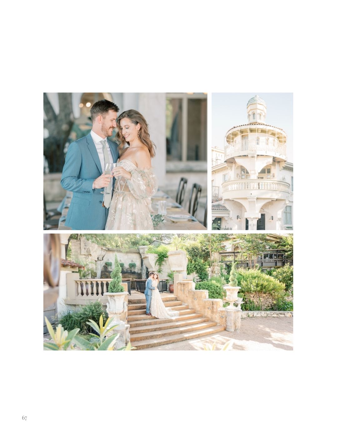 Elegant wedding couple in blue suit and lace gown pose outdoors near ornate fountain and lush garden stairs.