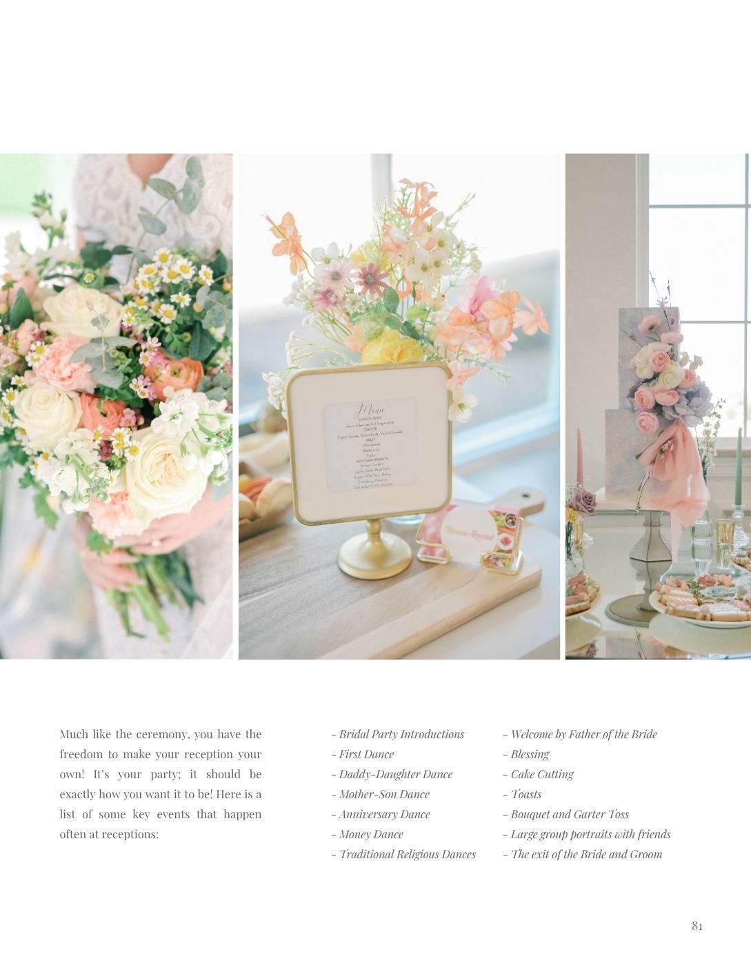 Elegant wedding reception tablescape with pastel floral arrangements, cake, and decorative signage at a styled event.