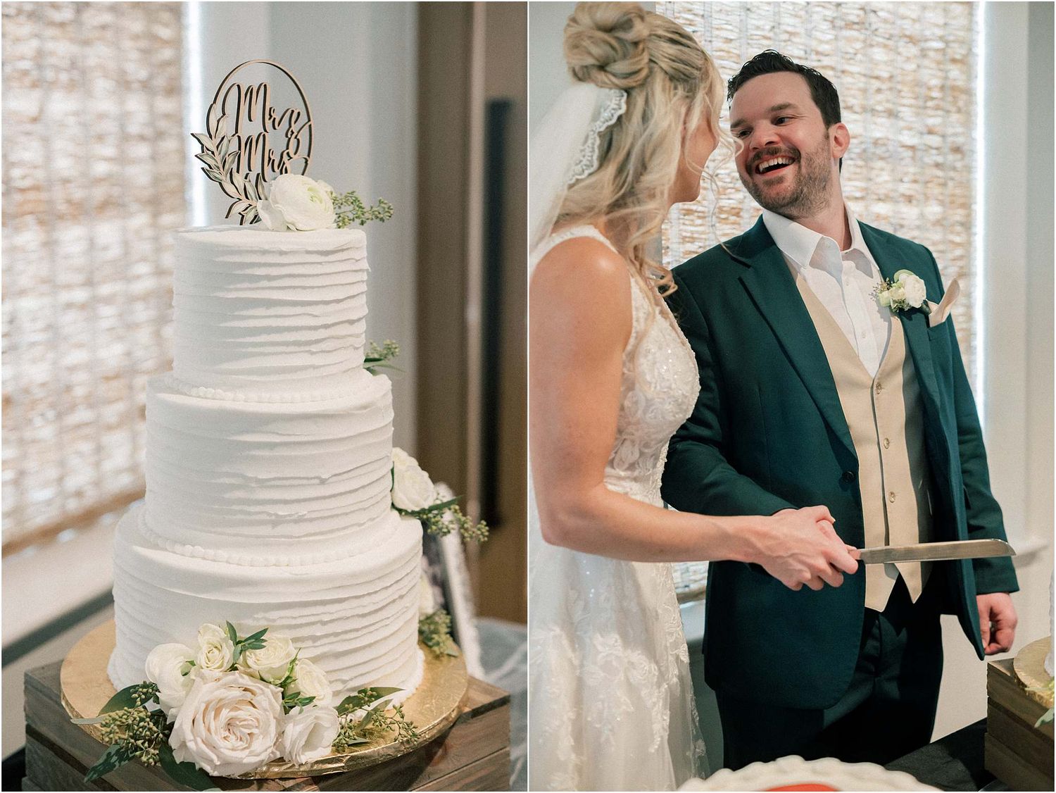 A wedding cake cutting scene with elegant white tiers decorated with delicate floral details.