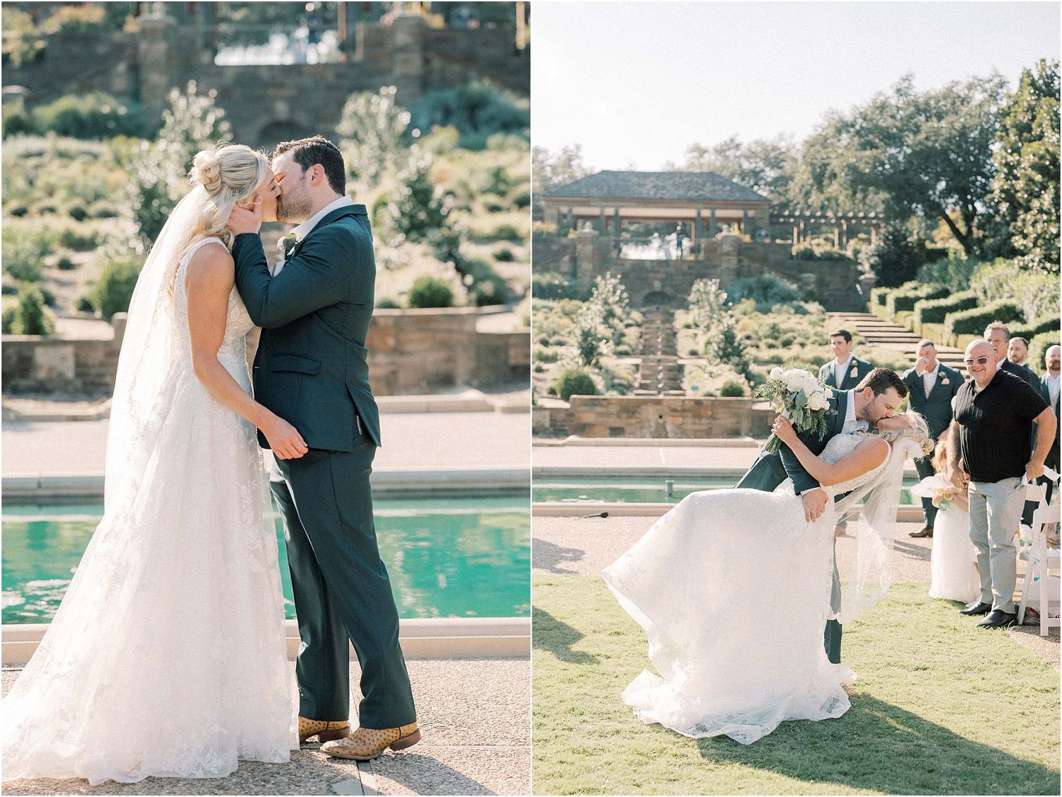 Wedding celebration moments by a pool with scenic garden terraces in the background.