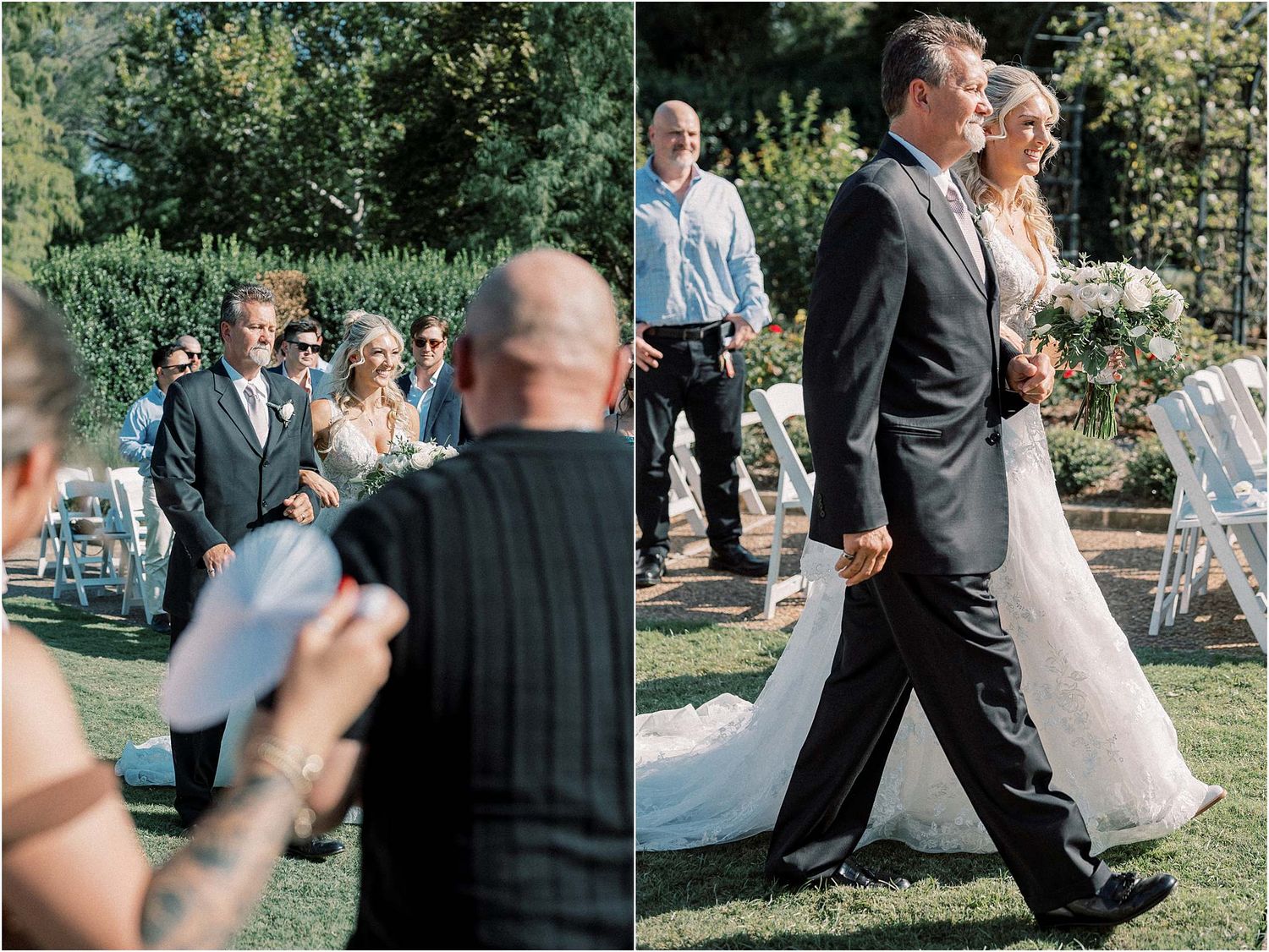 Wedding ceremony procession in a sunlit garden with guests capturing photos.