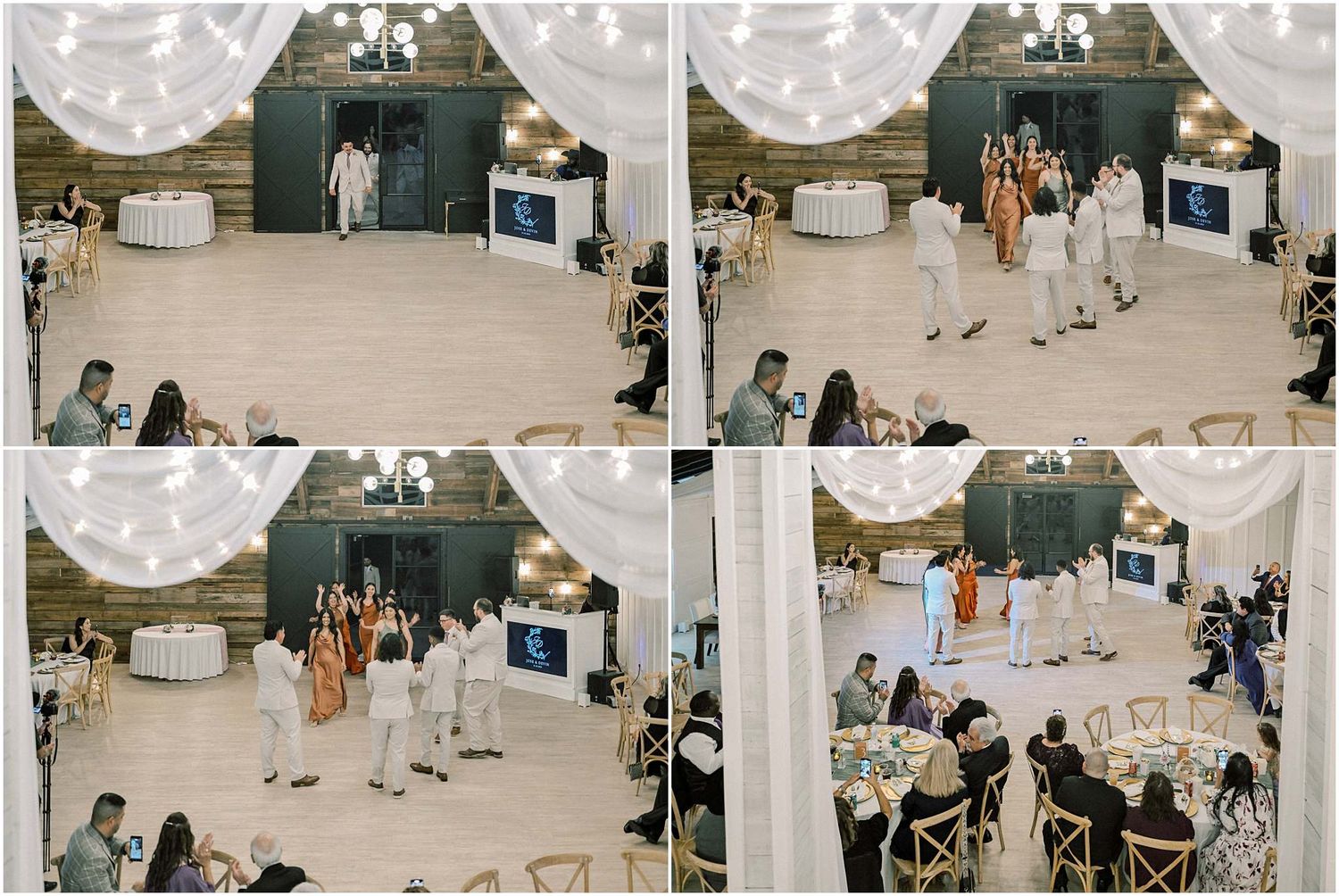 Wedding reception venue decorated with white drapes and string lights as guests mingle in an indoor space.