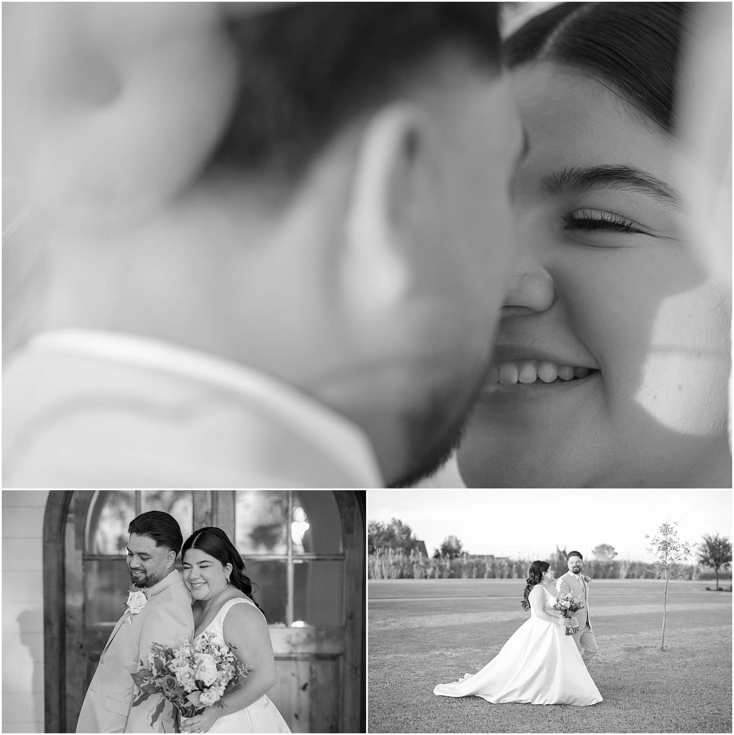 Intimate wedding moments photographed in black and white with soft focus.