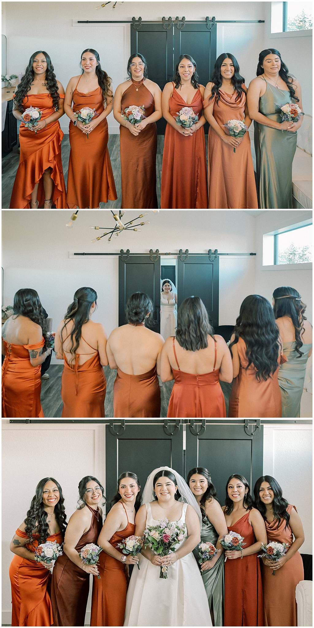 Bridesmaids wearing rust-colored dresses pose together holding bouquets in various group shots.
