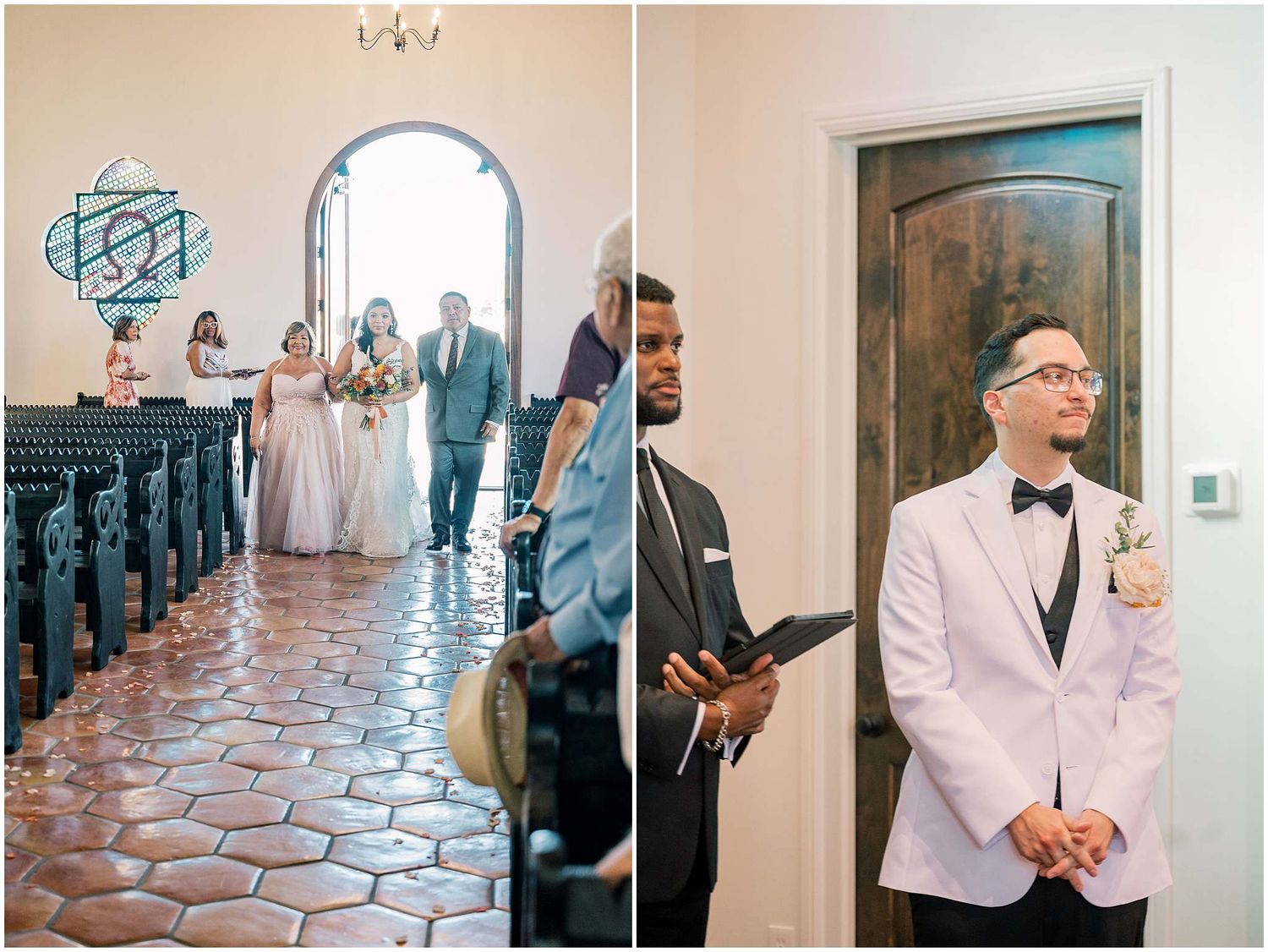Church wedding ceremony in Spanish-style architecture with terra cotta floors and white walls.