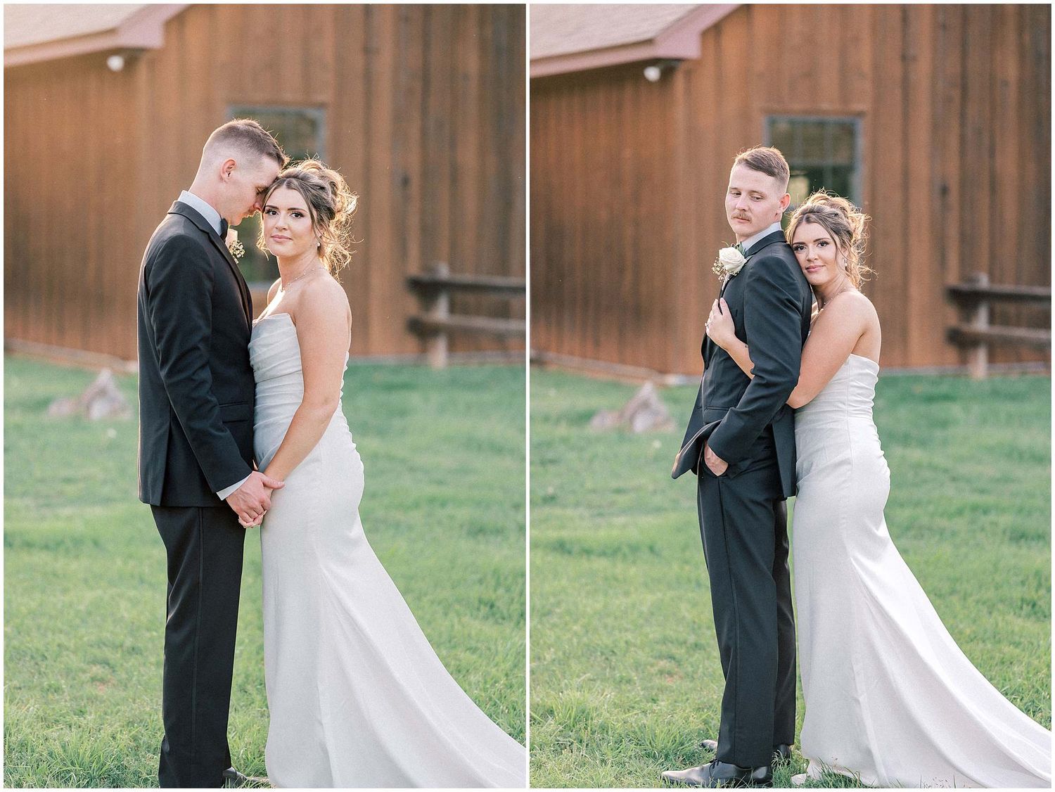 Romantic wedding sequence showing tender moments between newlyweds against a wooden barn backdrop.