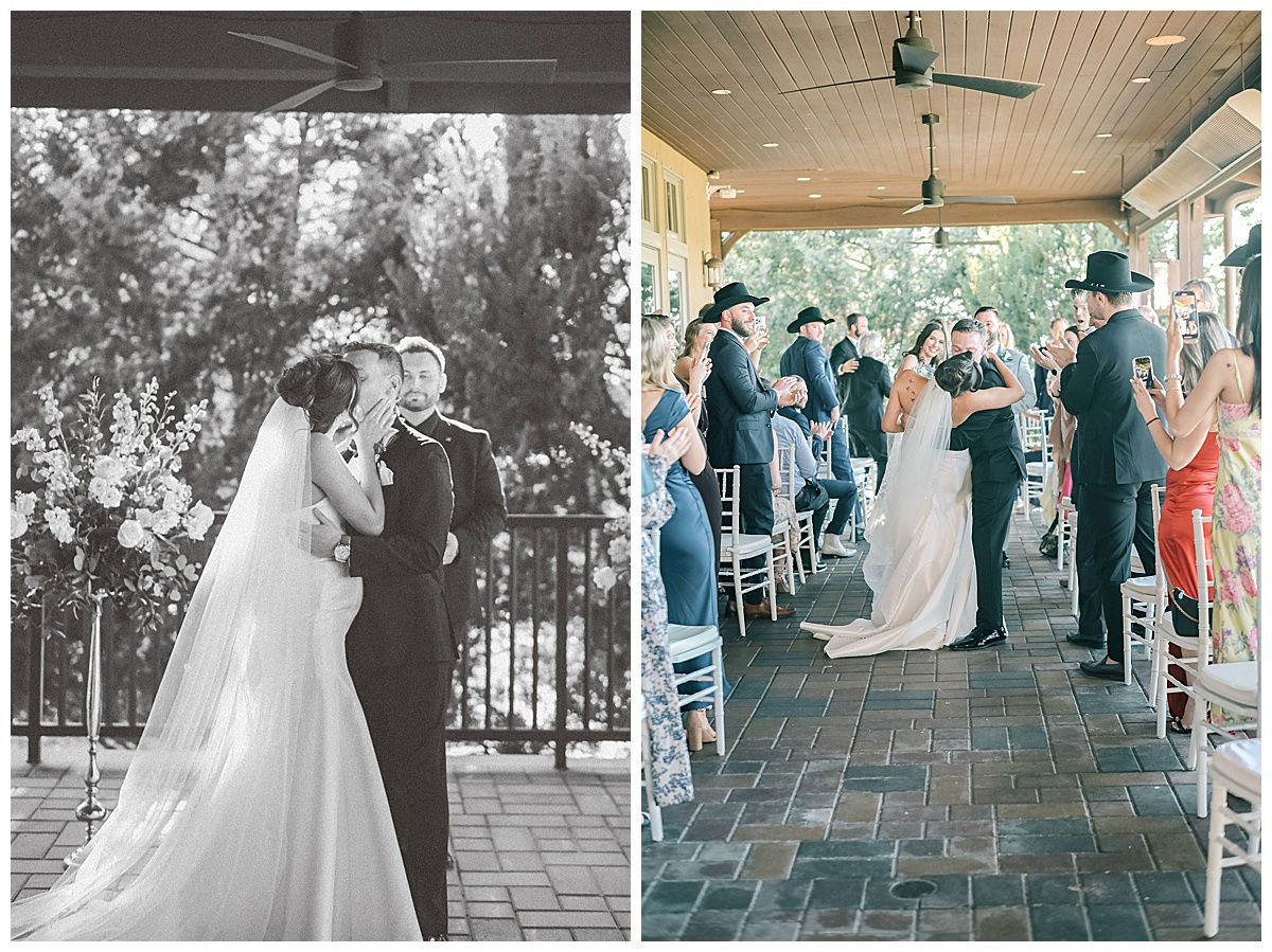 Black and white and color photos showing wedding ceremony on covered outdoor terrace.