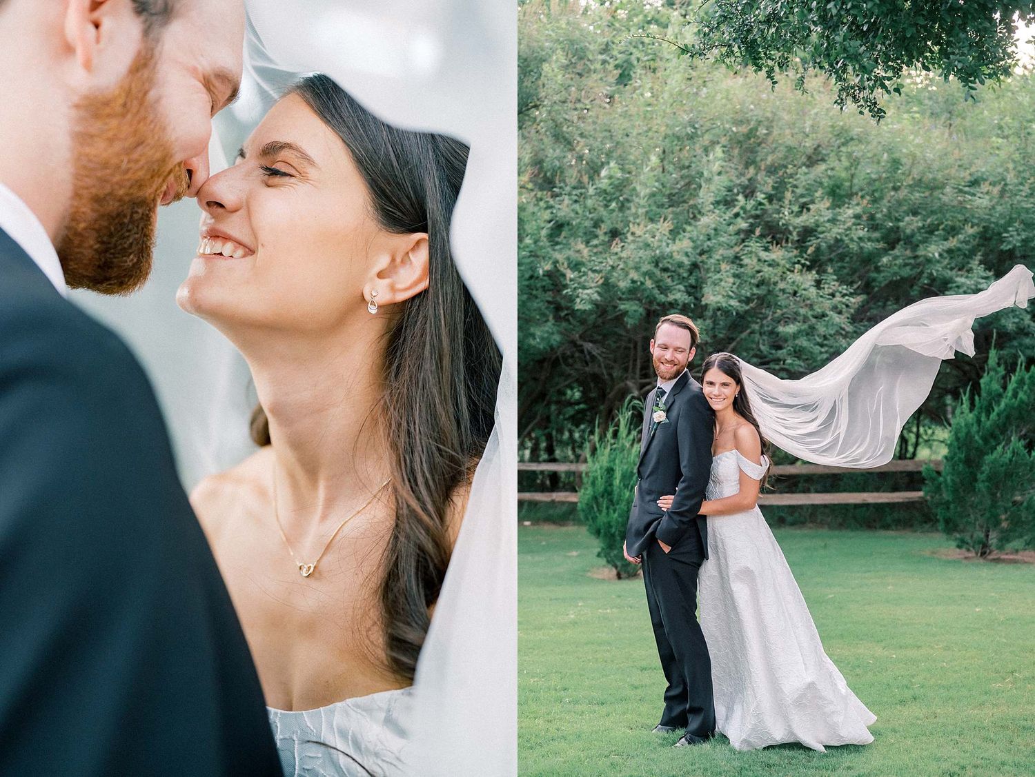 Intimate wedding portraits captured in a lush garden setting with flowing white dress details.