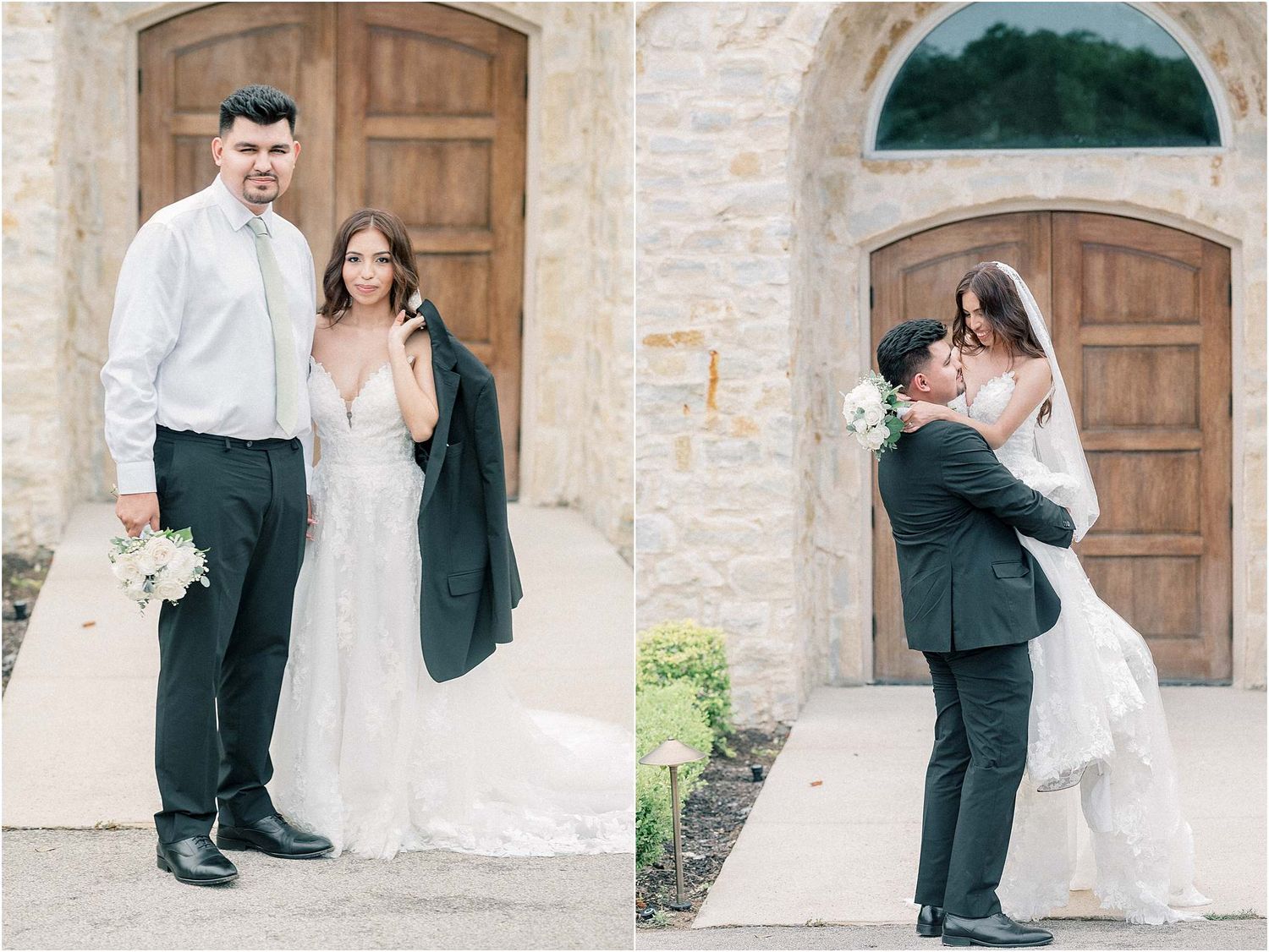 Romantic wedding sequence showing tender moments between newlyweds by a stone building.