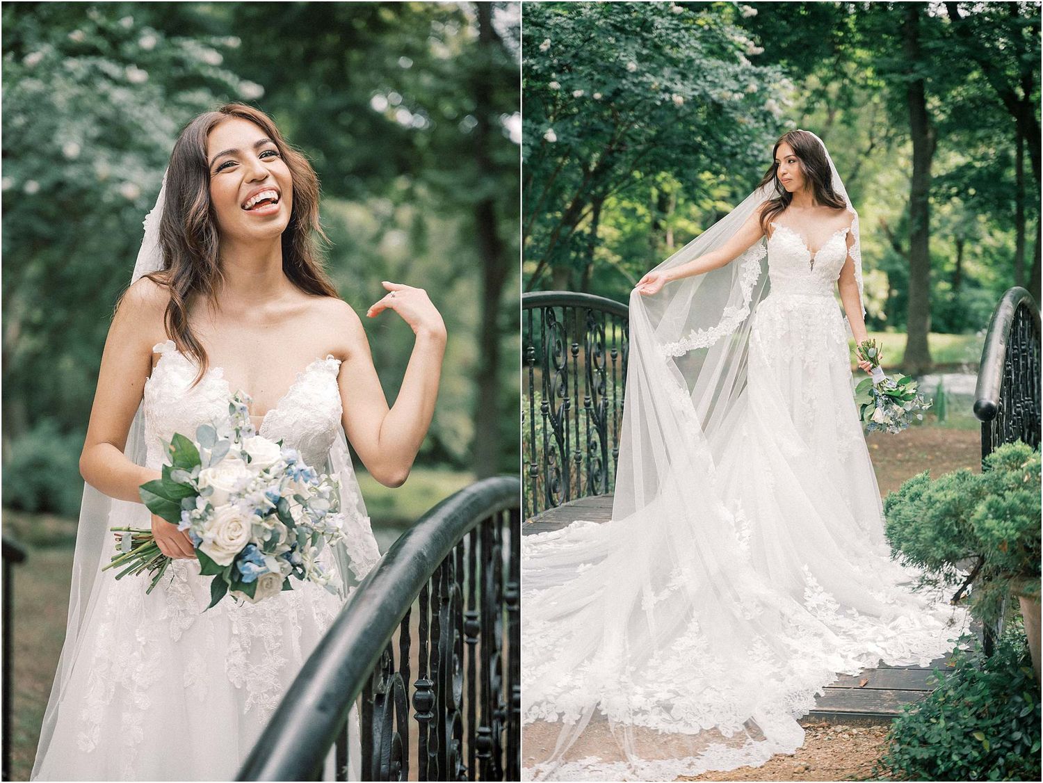 Romantic bridal portraits captured in a lush garden setting with natural lighting.