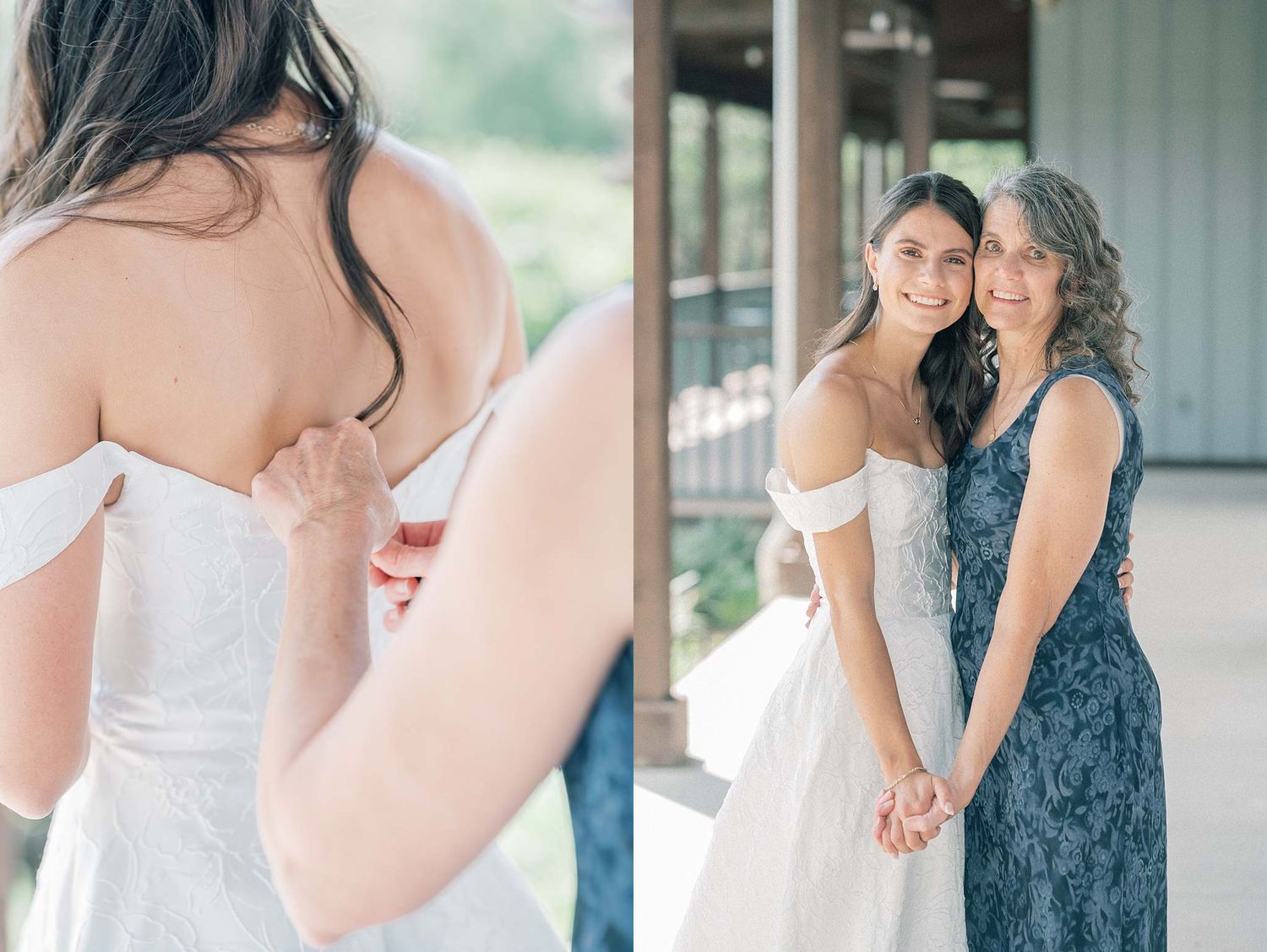 Wedding party members in formal attire embracing in an outdoor setting.
