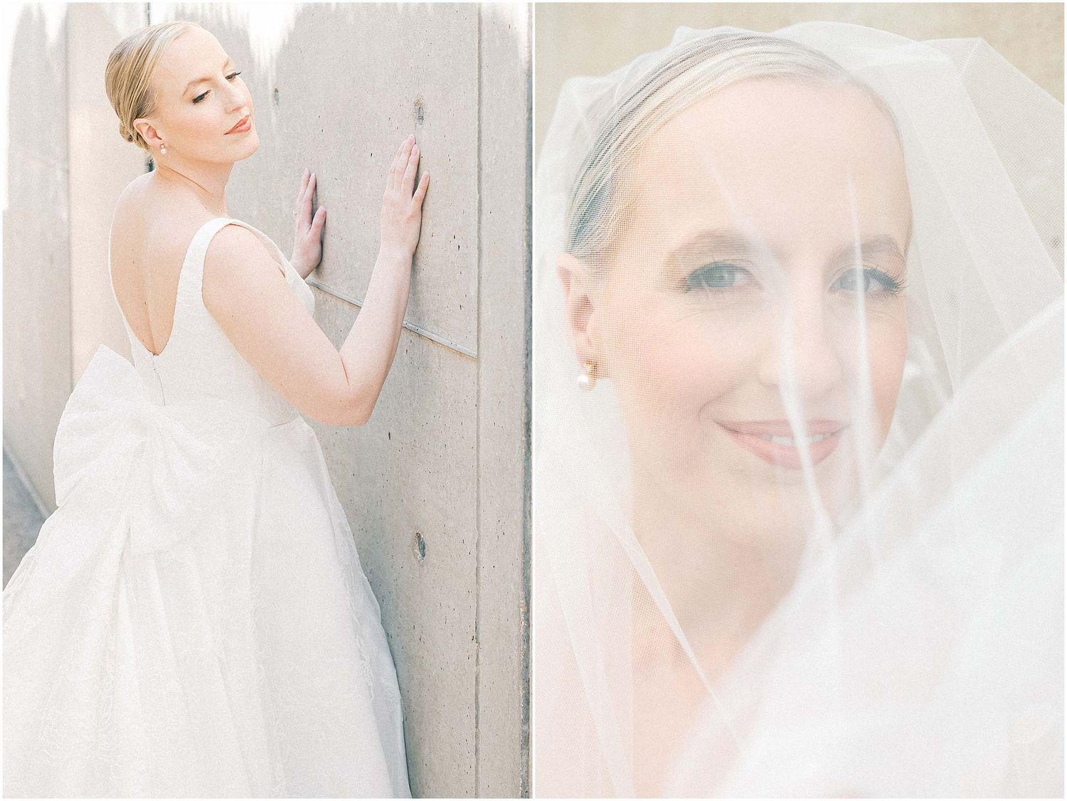 Ethereal wedding portrait featuring soft lighting and romantic white veil details.