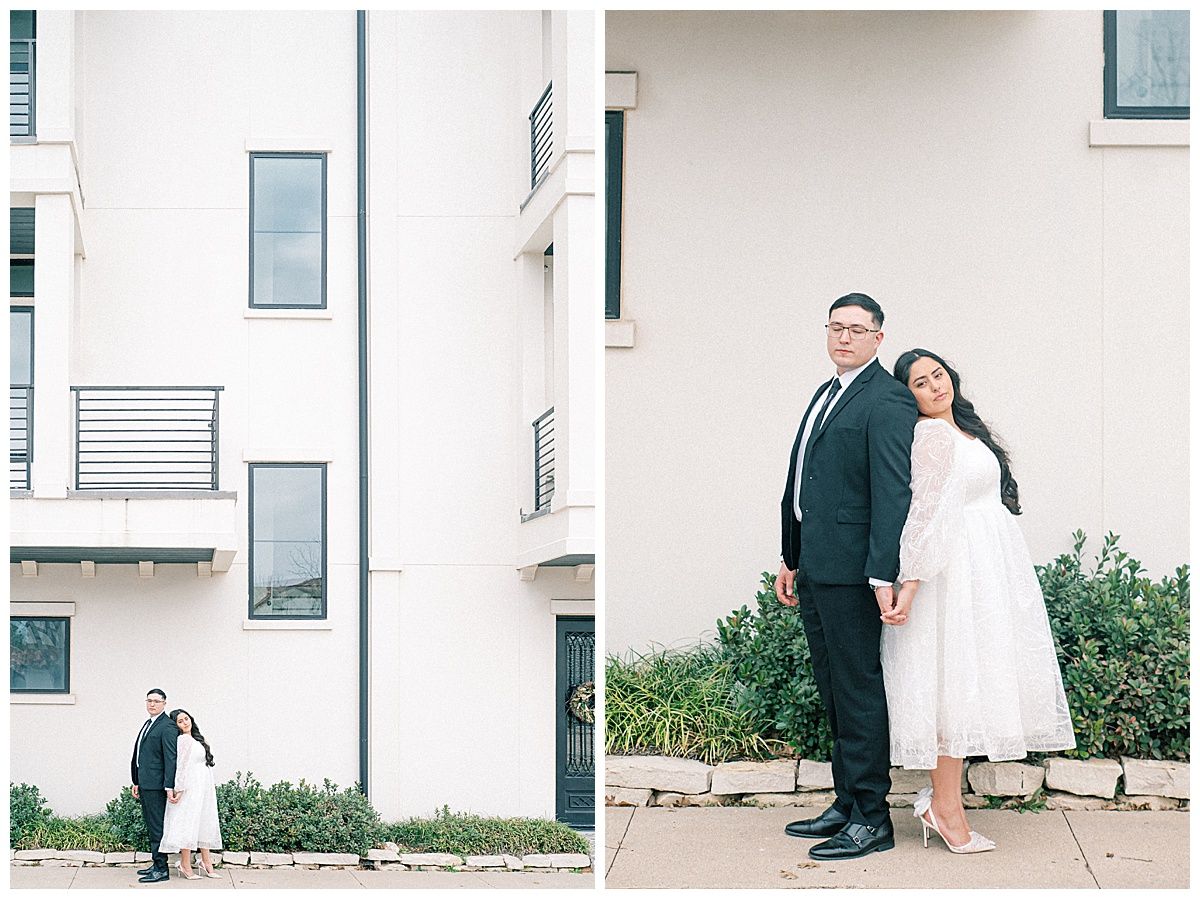 A series showing a couple walking and posing outside a modern white building.