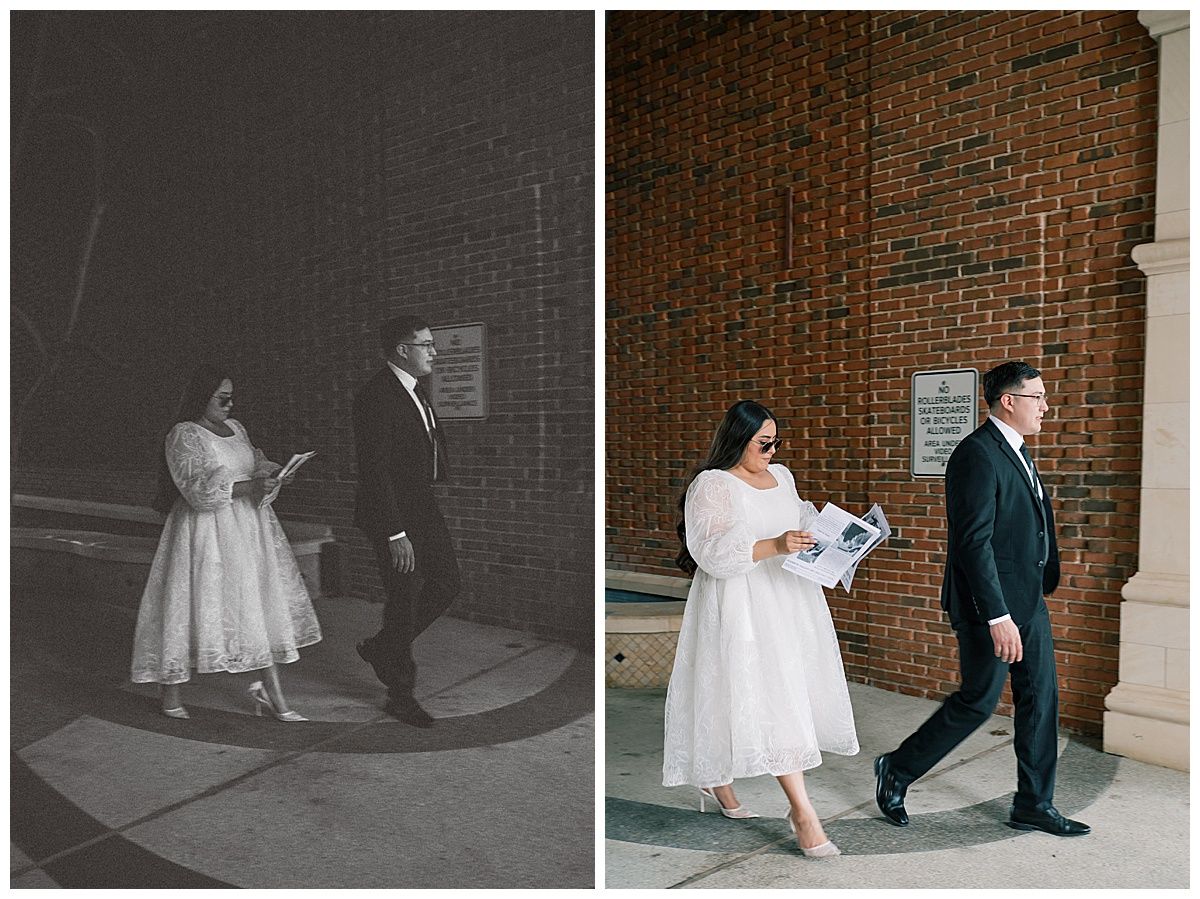 A series of romantic black and white photos along brick walls.