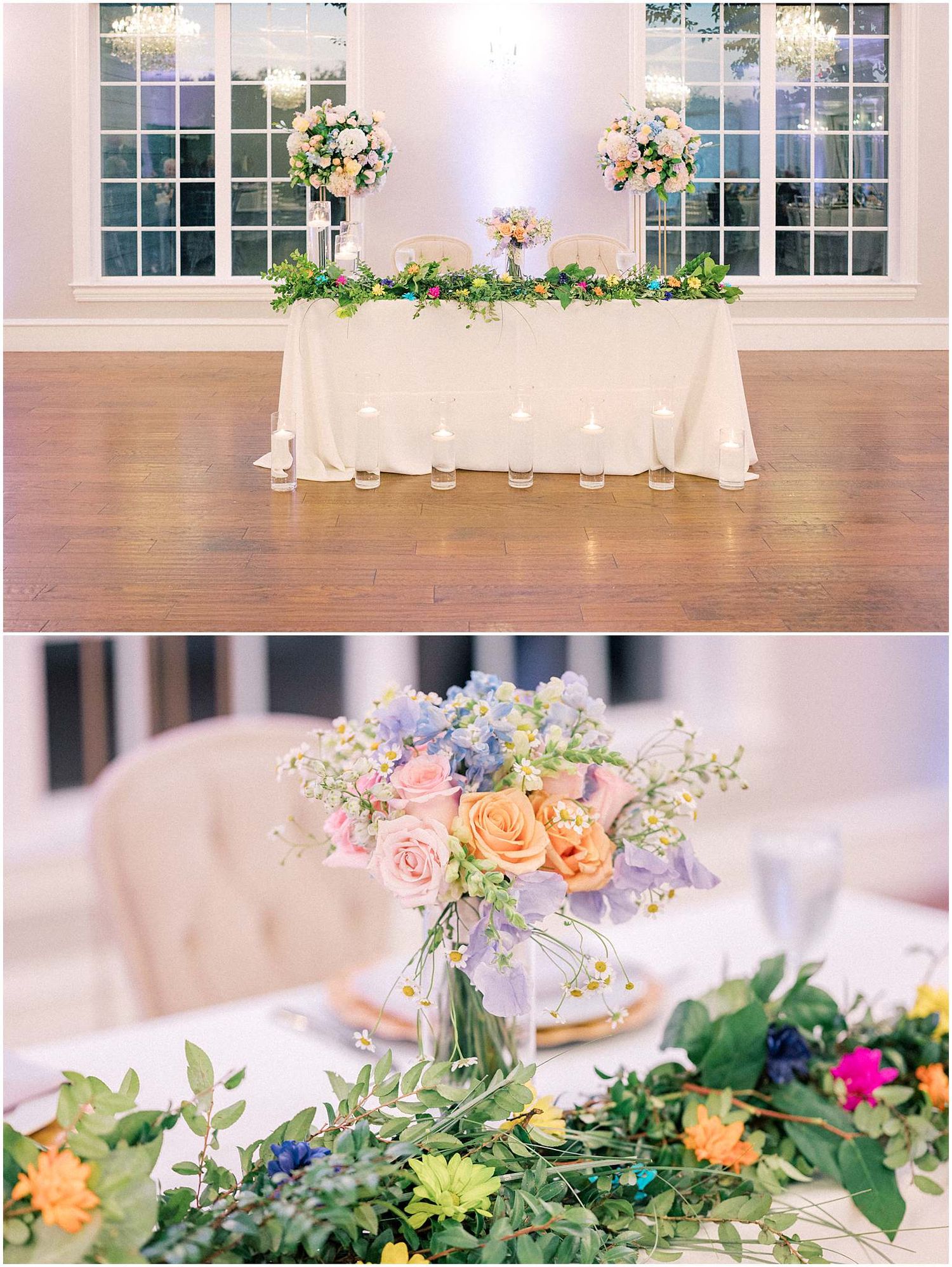 Wedding reception hall decorated with white linens and floral centerpieces featuring pastel blooms and greenery.