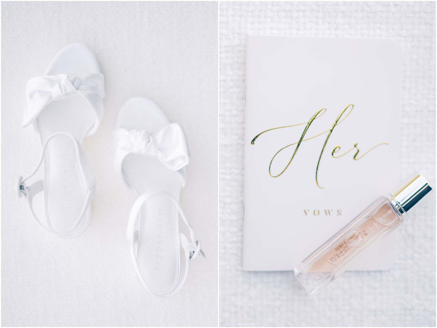 Minimalist white wedding stationery and ribbons styled on textured background.