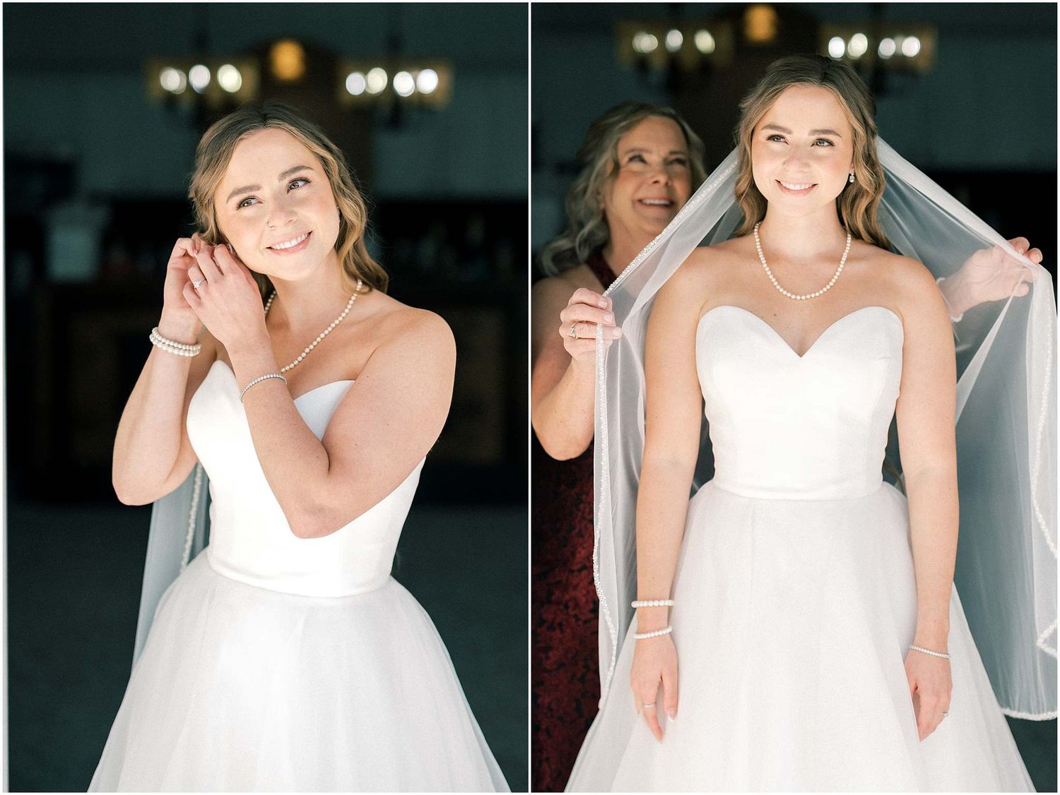 Wedding dress fittings and adjustments in a dark room with spotlights.