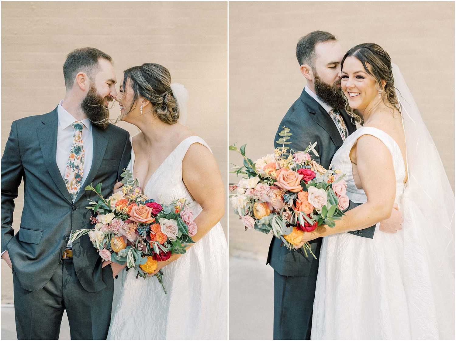 Wedding portraits showing couple sharing intimate moments with colorful floral bouquet.