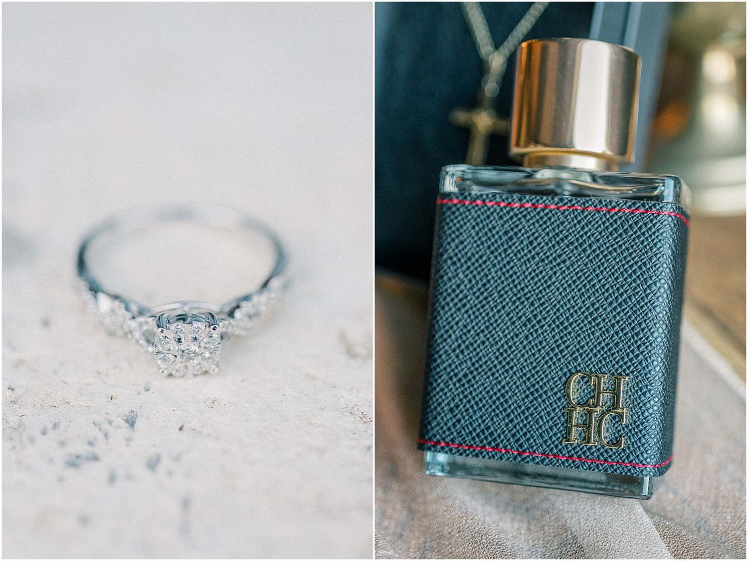 Wedding detail shots featuring blue textured accessories and jewelry items.