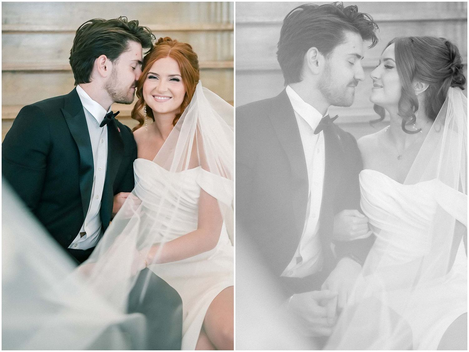 Romantic wedding portrait series in muted tones showing tender moments between newlyweds.