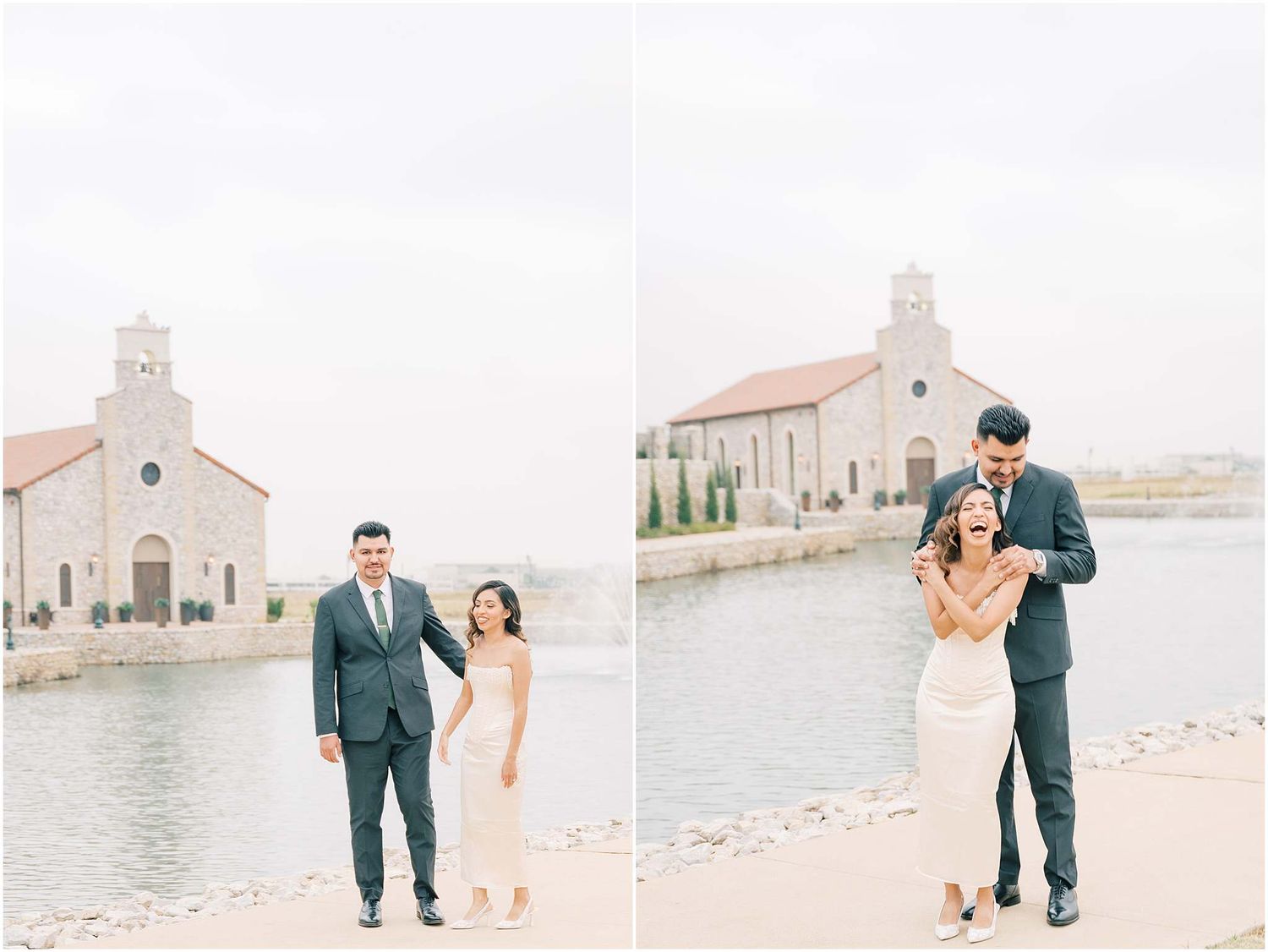 Couple takes romantic photos along a waterfront with a Spanish colonial church in the background.